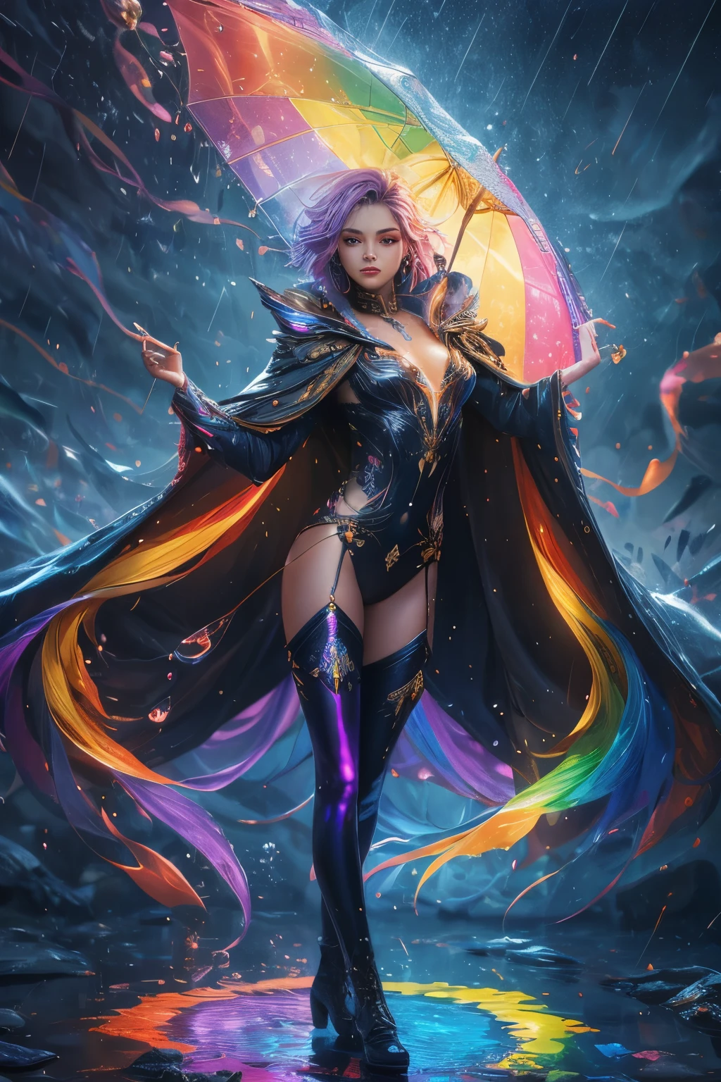 (supernatural fantasy art style:1.3), (masterpiece, highest quality:1.2), beautiful girl, solid, stunningly beautiful landscape, frayed armor, cloak of arcane, cape, rainy night, rain, water droplets, raining, rainbow glass, shining light, refraction of light, iridescent glass, Vibrant colors envelop her body in prismatic light., Vibrant refraction dances on firm skin, full body, bathed in rainbow light , tight bodysuit, boots, Lilac hair