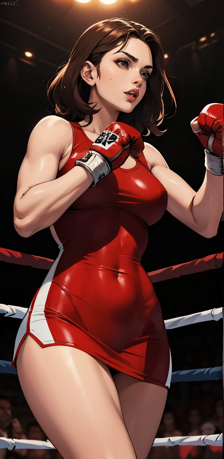 All body woman brown hair, very sexy con lenceria de encaje roja, con guantes de boxeo en una pose de pelea, esenario un ring de combate