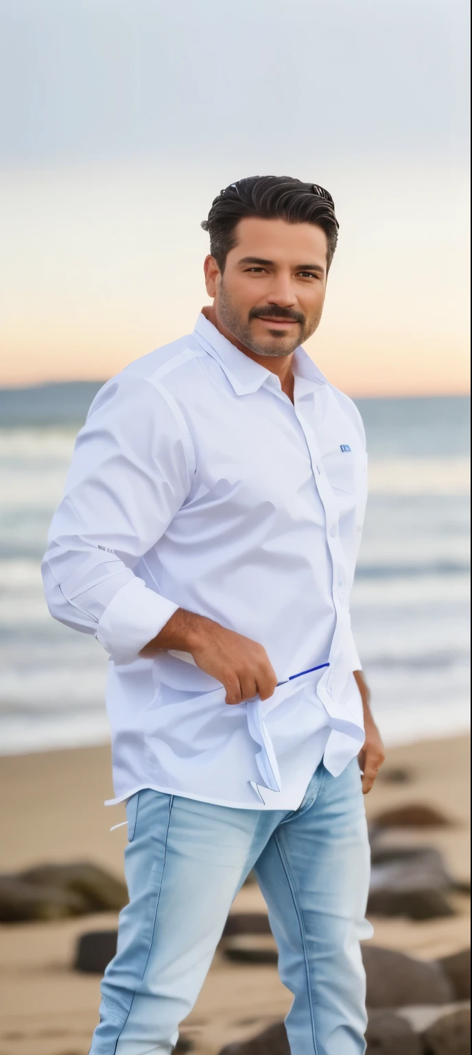 Richard era um homem de 40 anos, Forte, cowboy e robusto. Tanned skin and very light blue eyes seductive and virile expression. Seus cabelos grisalhos caiam como ondas em seus ombros fortes e nus. Sem camisa com a letra R tatuada no peito.