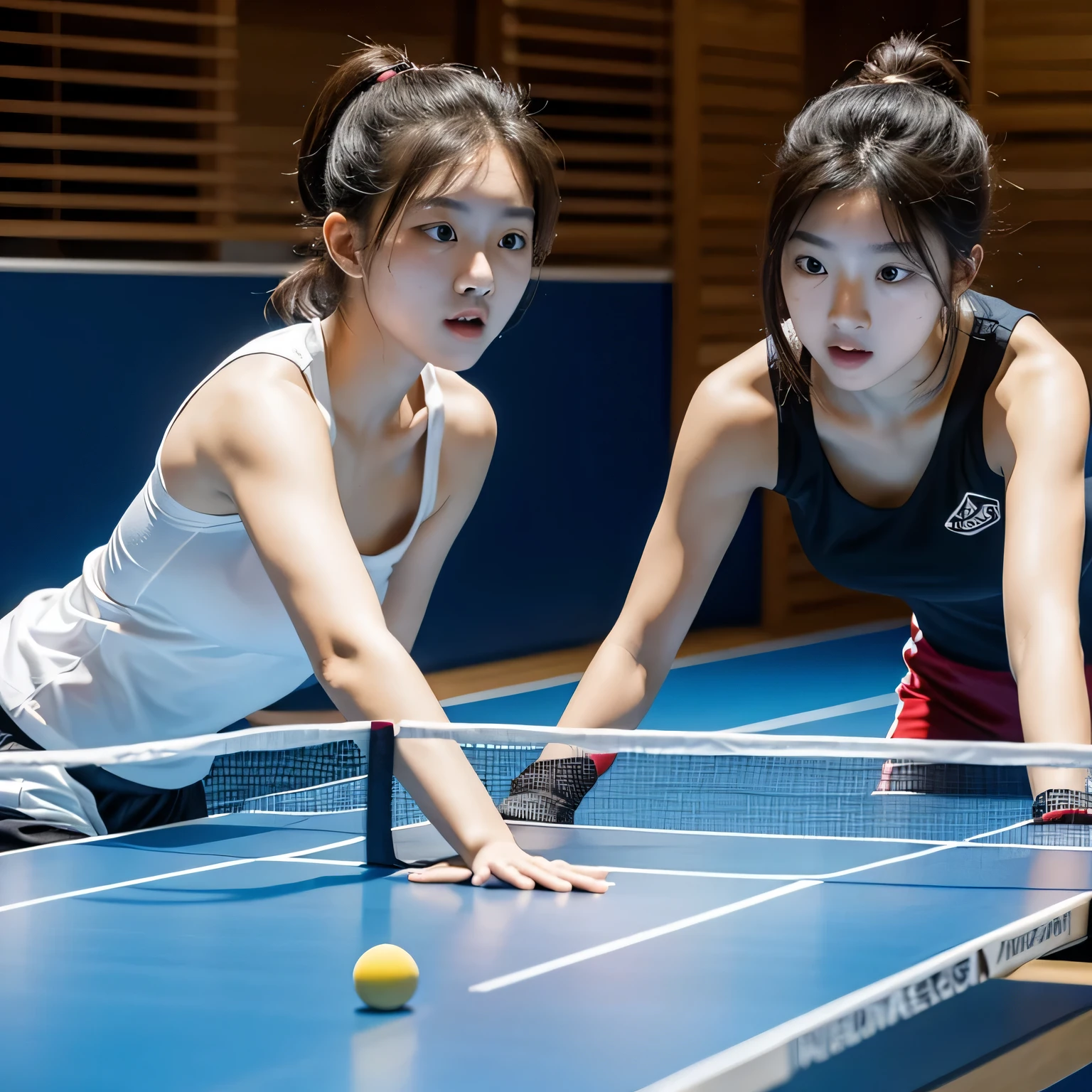 Generate pictures:2 beauties playing table tennis