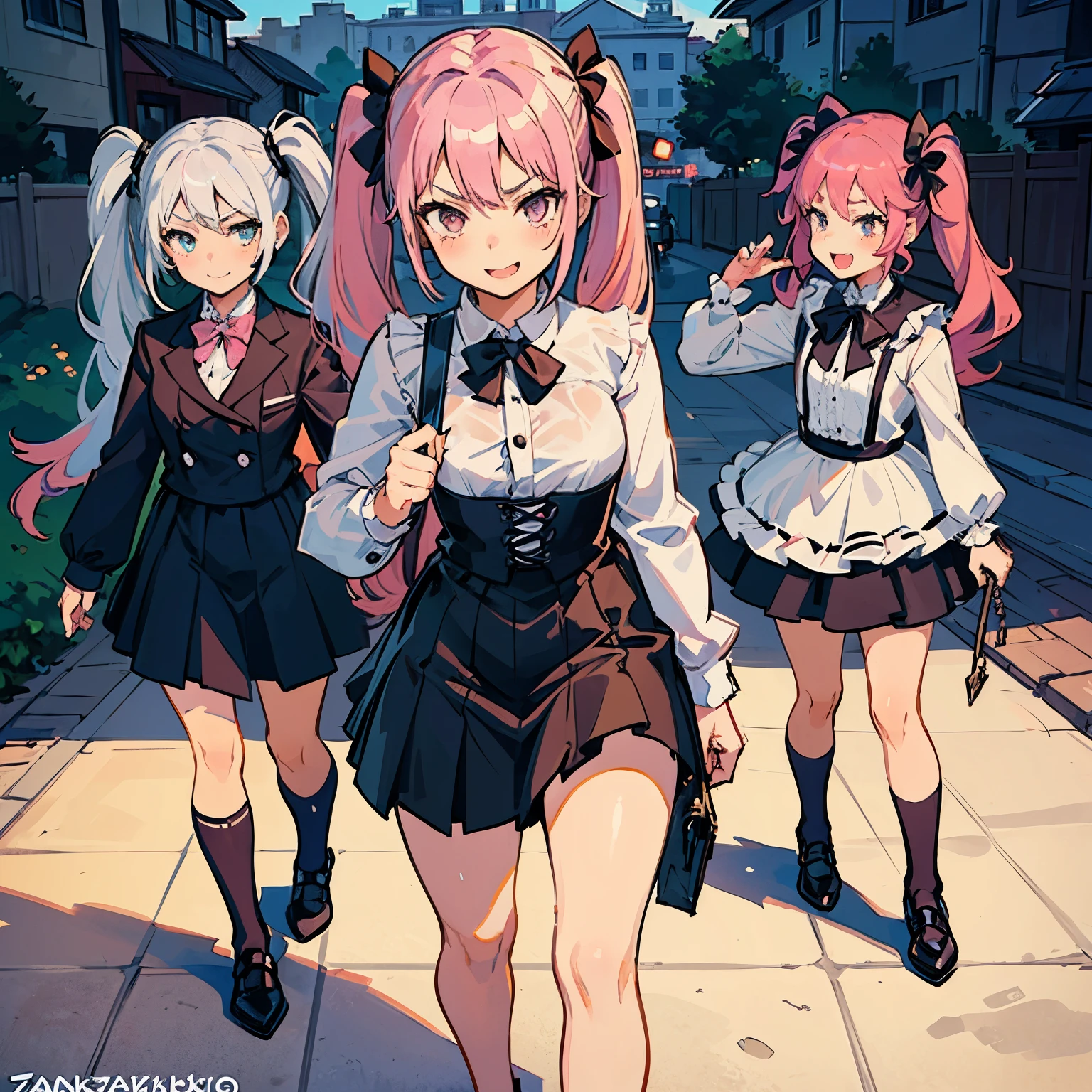 4 Girls with pink hair, long twintail hairstyle, small bushy eyebrows, wearing gothic ****ta clothing, (Zankuro) drawing style by zankuro artist, Zancrow style, image uploaded to R34, walking to school, flirty smile, , lifting her skirt to show her vagina wet with semen