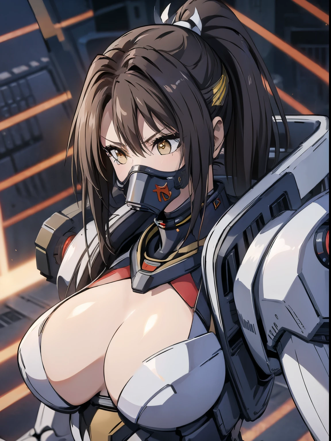 rough skin, Super detailed, advanced details, high quality, 最high quality, High resolution, 1080p, hard disk, beautiful,(war machine),beautifulサイボーグの女性,Mecha cyborg girl,battle mode,Mecha body girl,She is wearing a futuristic war machine weapon mecha、((attack posture:1.4))、((wear a mechanical gas mask:1.5))、((combat readiness:1.5))、(((owns a kunai:1.3)))、(mai shiranui)