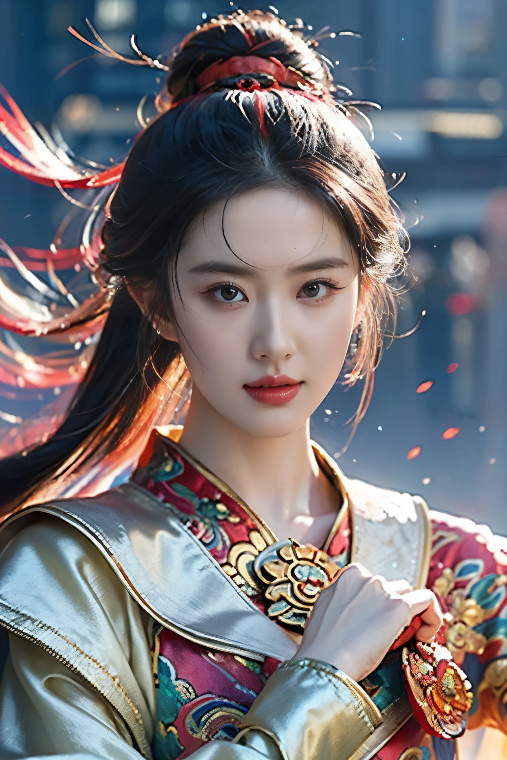 Game art，best picture quality，Highest resolution，8K，((A half-length photo))，((portrait))，((Head close-up:1.2))，(rule of thirds)，Unreal Engine 5 rendering works， (future girl)，(female warrior)， 22 year old girl，(chinese women)，(rainbow hair，Oriental hairstyle)，((red pupils:1.3))，(Beautiful eyes full of details)，(big breasts)，(eye shadow)，Elegant and charming，indifferent，((anger))，(A Chinese style silk jacket，Belly band，The clothes are decorated with patterns with Chinese characteristics，sparkling jewelry，white)，(The clothes are made of silk:1.5)，fantasy characters，fantasy style， photo poses，city background，Cinema lights，Ray tracing，Game CG，((3D Unreal Engine))，OC rendering reflection pattern