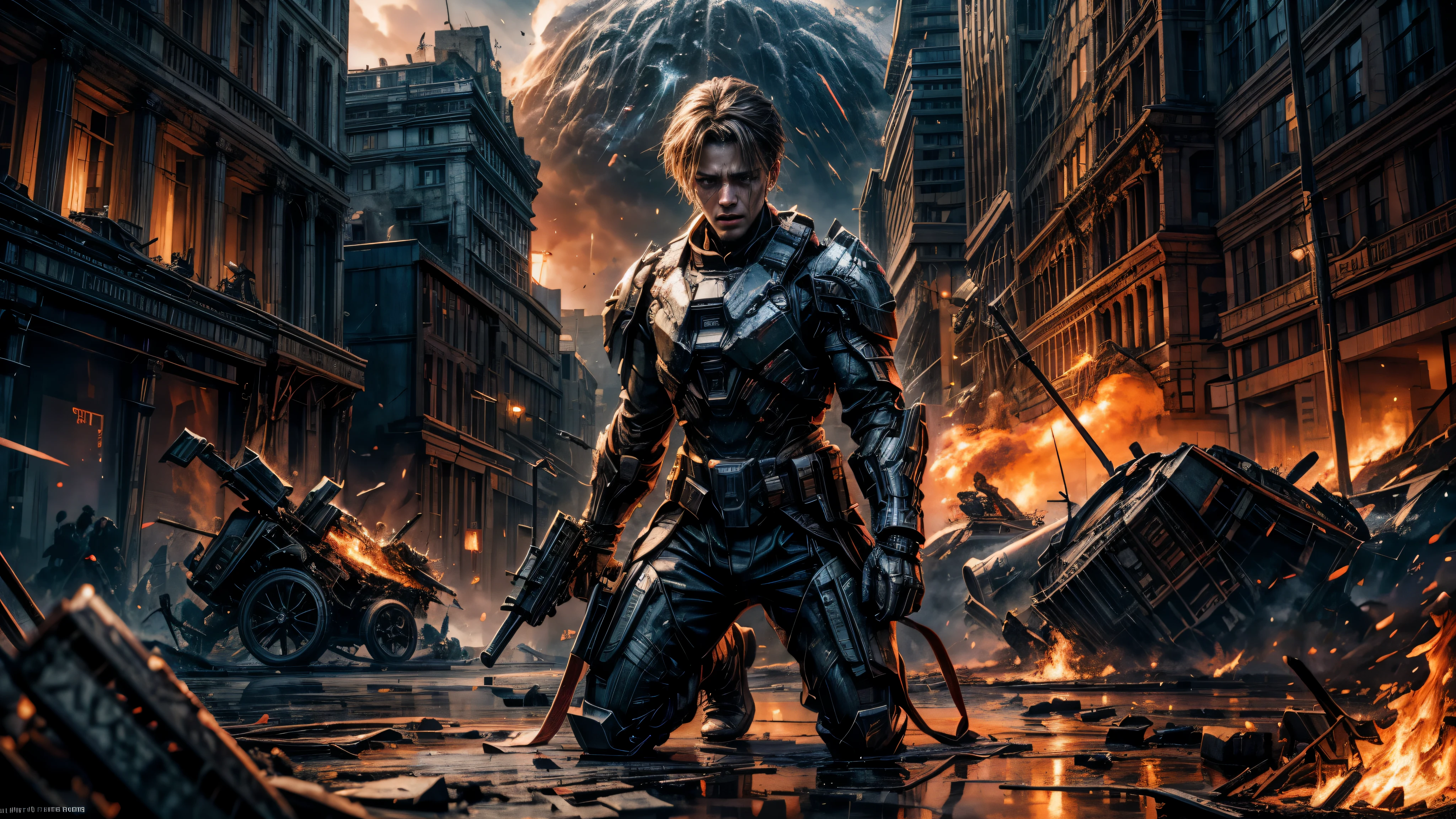 battlefield, flames of war, Man kneeling, crying, short dark hair, terrible feeling of betrayal, hear the crumbling view, Stunning view, the world is falling apart, Depressive, a tragedy, halo, tears, eye gradient, crying with eyes open, nosebleed, wide shot, wide shot, Best quality, high quality, Super Detail, award-winning, A high resolution, 4K, 8 k, Best quality, high quality, Super Detail, award-winning, A high resolution, 4K, 8 k