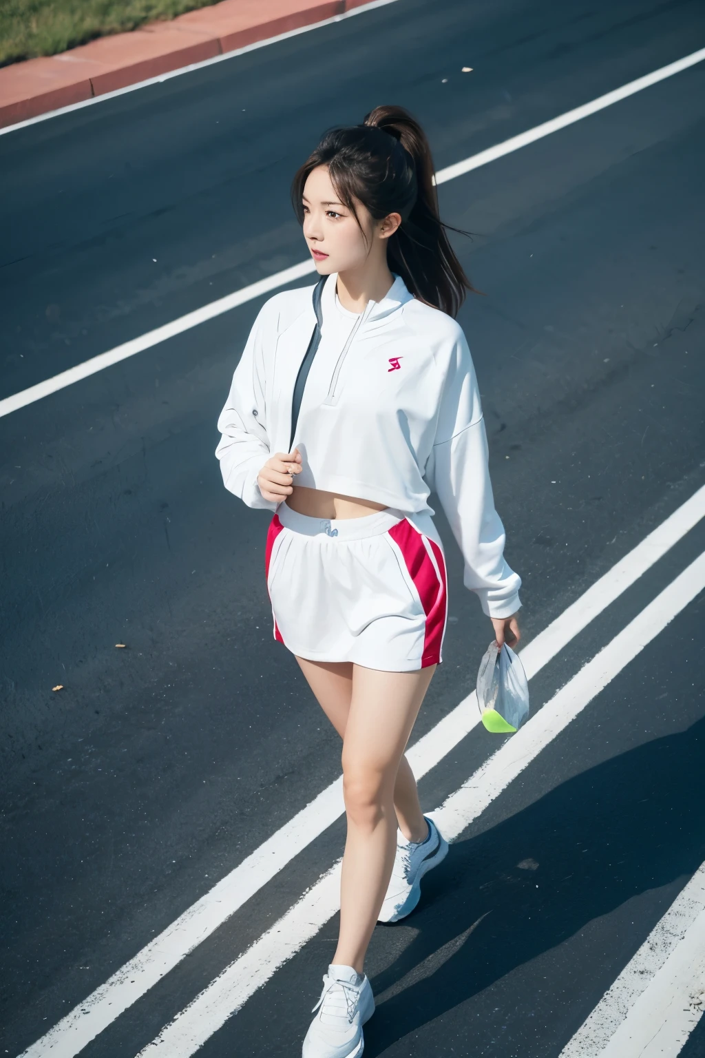 spring,a woman in sportswear,Walking diagonally across the road,Angle overhead shot,Expose the character's whole body,Don't be too sexy