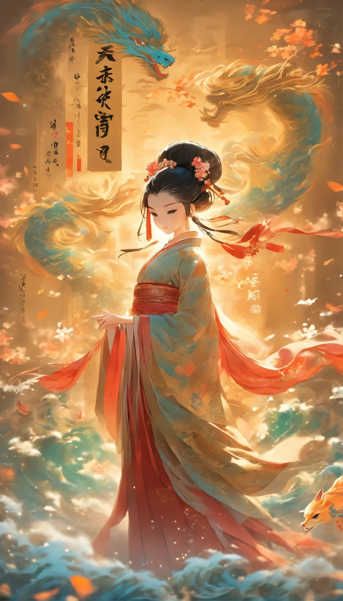 girl in Hanfu standing in the air writing calligraphy, many golden Chinese characters surrounding the girl,calligraphy scene, a miniature character in a grand poetry and calligraphy scene,Chinese epic,Tang Dynasty calligraphy,Chinese characters floating in the air,exaggerated composition, whirlpools,stunning light and shadow, creative and exaggerated composition --ar 3:4