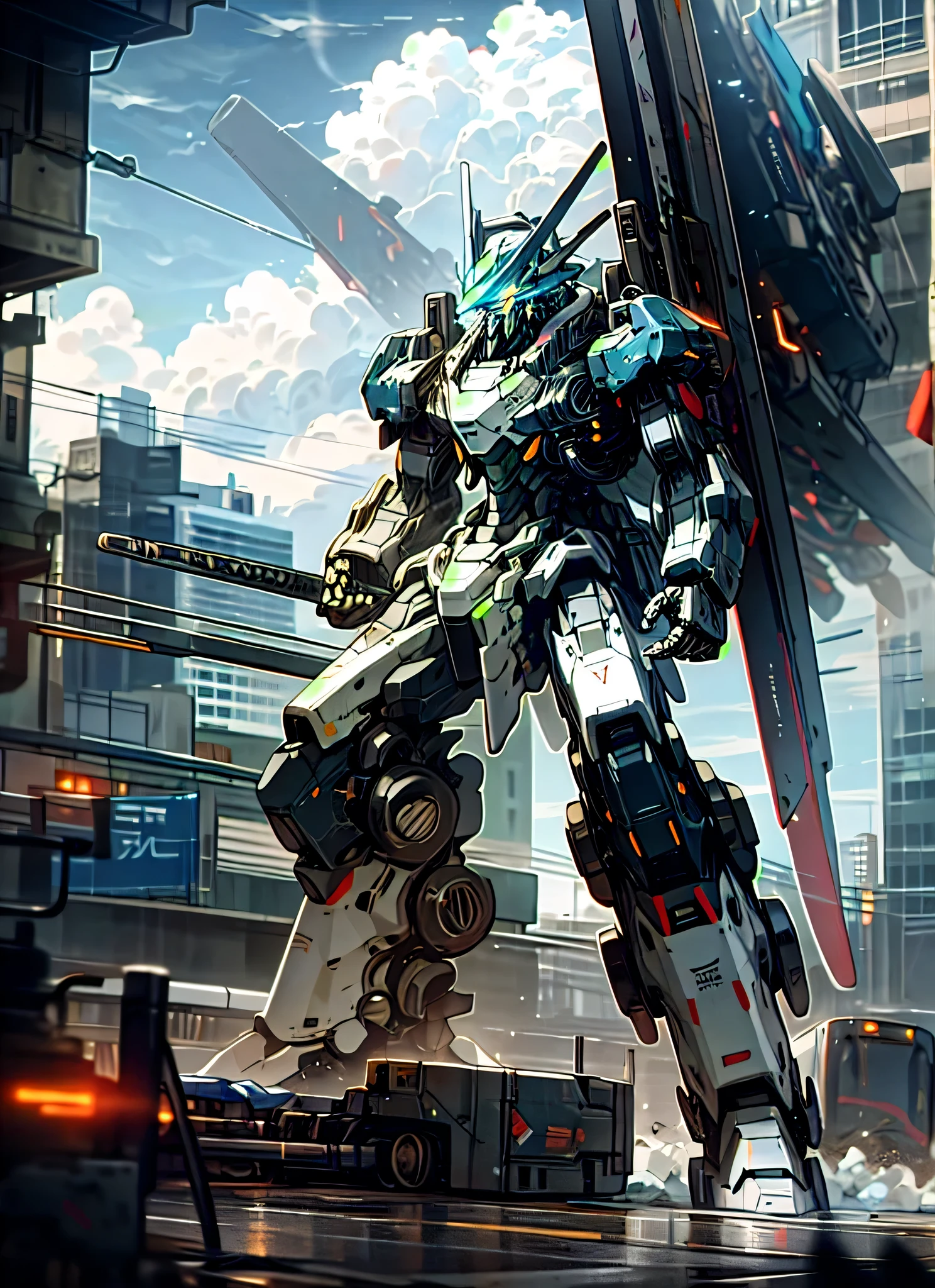 Sky, Clouds, holding_weapon, no_humans, Glow, Robot, Building, glowing_eyes, Mecha, Science Fiction, City, Reality, Mecha, Battle Stance
