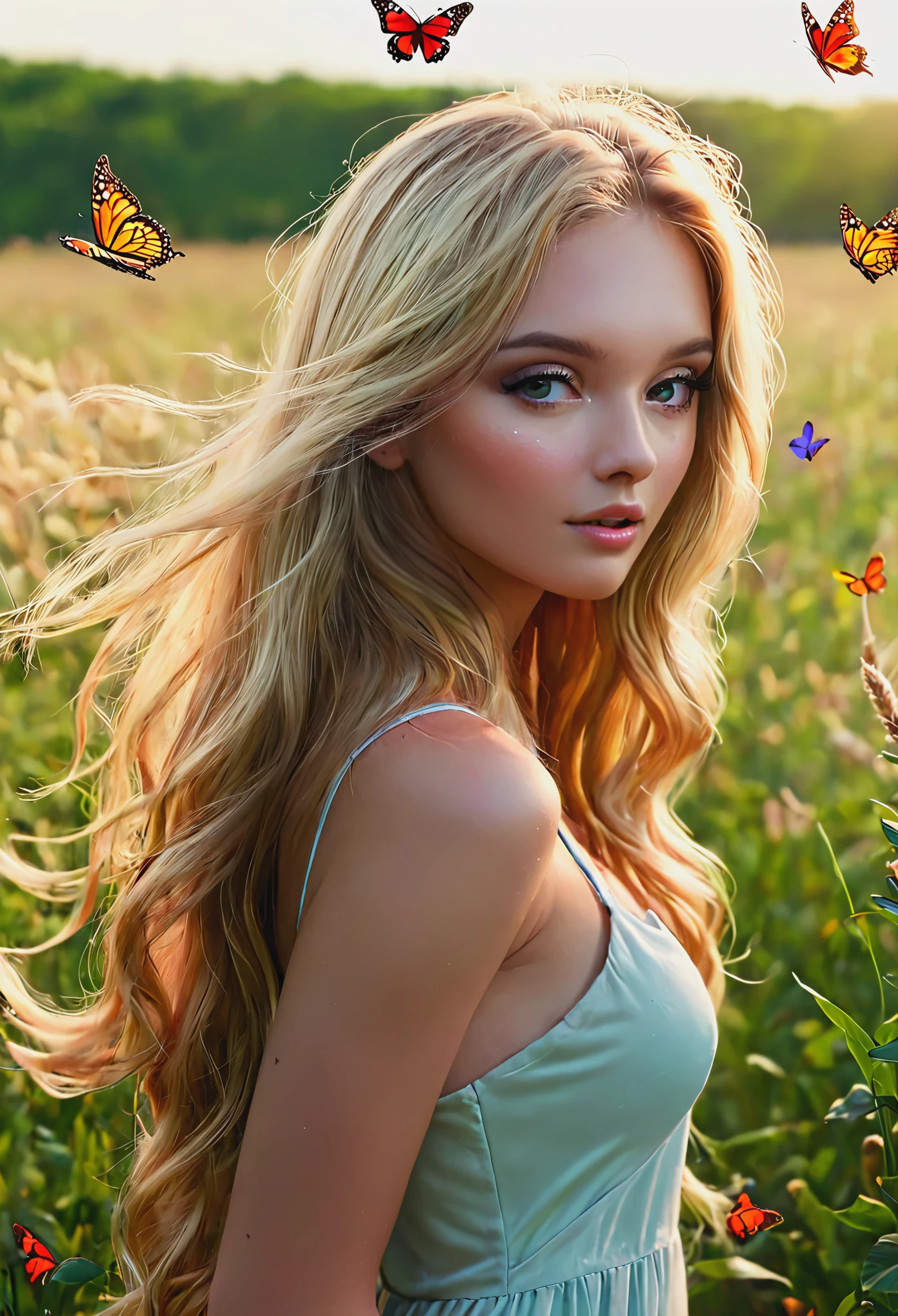 blonde with long hair on a field with butterflies