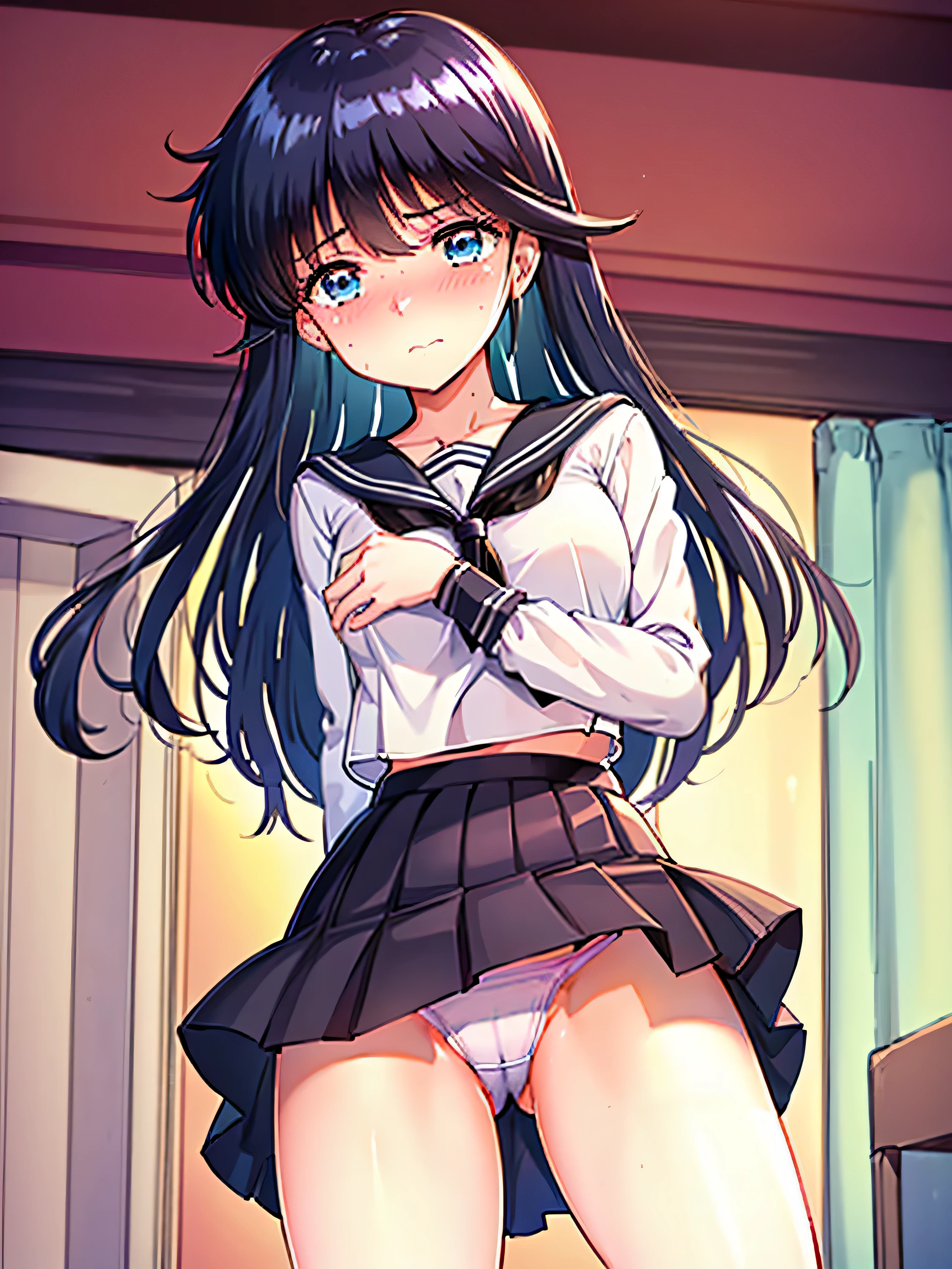 masterpiece, highest quality, High resolution, ayukawa madoka, 1 girl, alone, black hair, long hair, blue eyes, sailor suit, black skirt, long sleeve, big breasts, cowboy shot, Bedroom, spread your legs, panty shot, dig into underwear, (from below:1.5), panty shot, realistic skin, shiny skin, shiny skin, sweaty feet, skirt up, white panties, highly detailed face, perfect sentence, Detailed CG, (perfect hands, perfect anatomy), (embarrassed look:1.5),