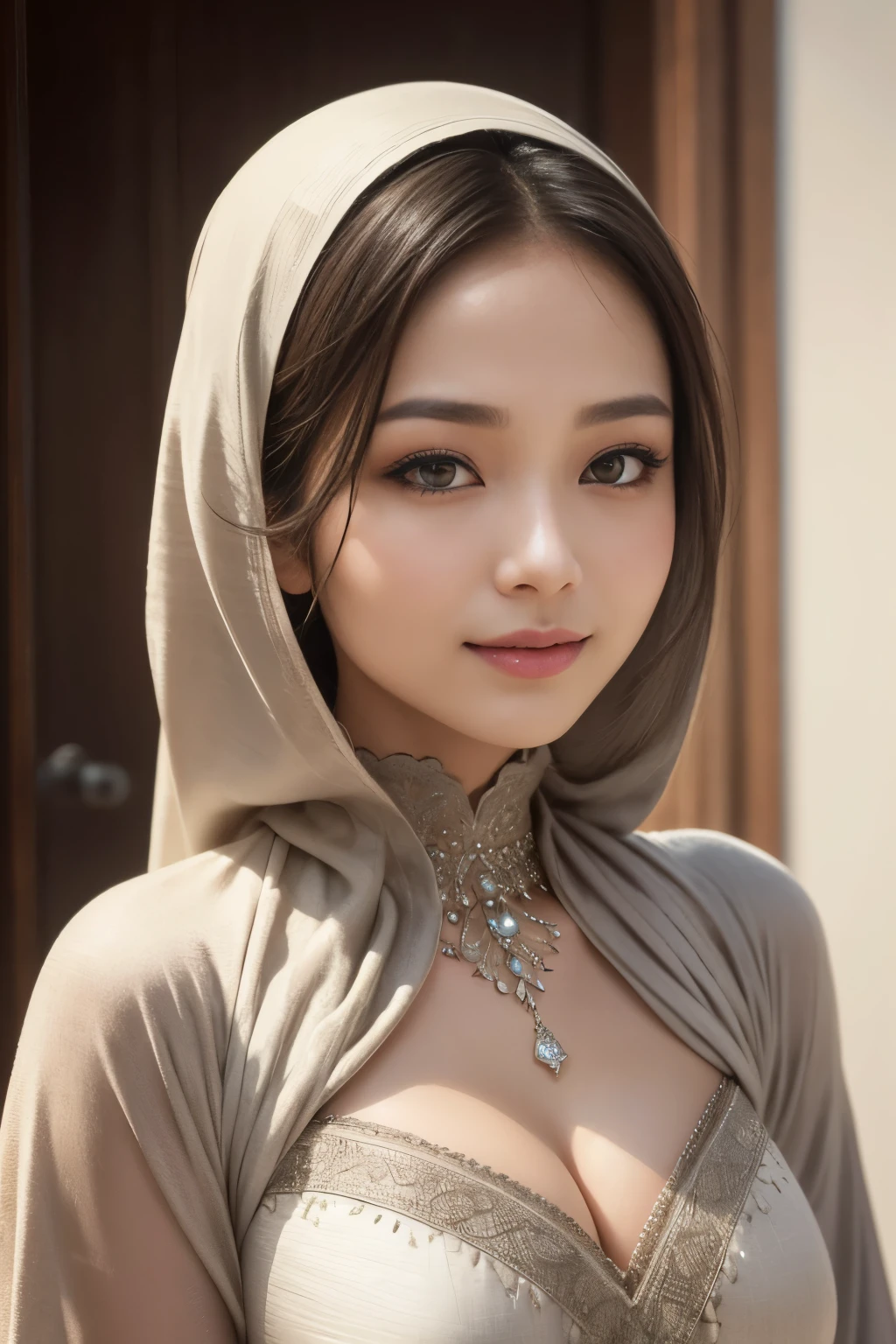 traditional, lizzy, silver, cleavage, hijabi, Absurd, ultra-detailed, high quality, masterpiece, detailed face, beautiful eyes(detailed eyes), javanese, gentle and graceful, face exudes warmth and kindness, eyes described as soft and comforting, gentle and steady gaze, overall appearance is simple and modest, The fabric of her garments is usually depicted as soft and earth-toned, beauty lies not in extravagant adornments, Her smile is serene and welcoming
