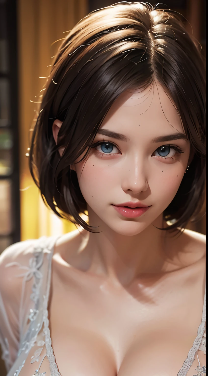 (highest quality, 4k, 8K, High resolution, masterpiece:1.2), Super detailed, (realistic, photorealistic, photo-realistic:1.37), (detailed and beautiful eyes, beautiful detailed lips, highly detailed eyes and face:1.2), studio lighting, Physically based rendering, Bright colors, (big breasts, super big , super extra big breasts), (waist), (high fashion:1.5), (portrait, bob cut, Laugh and laugh),
