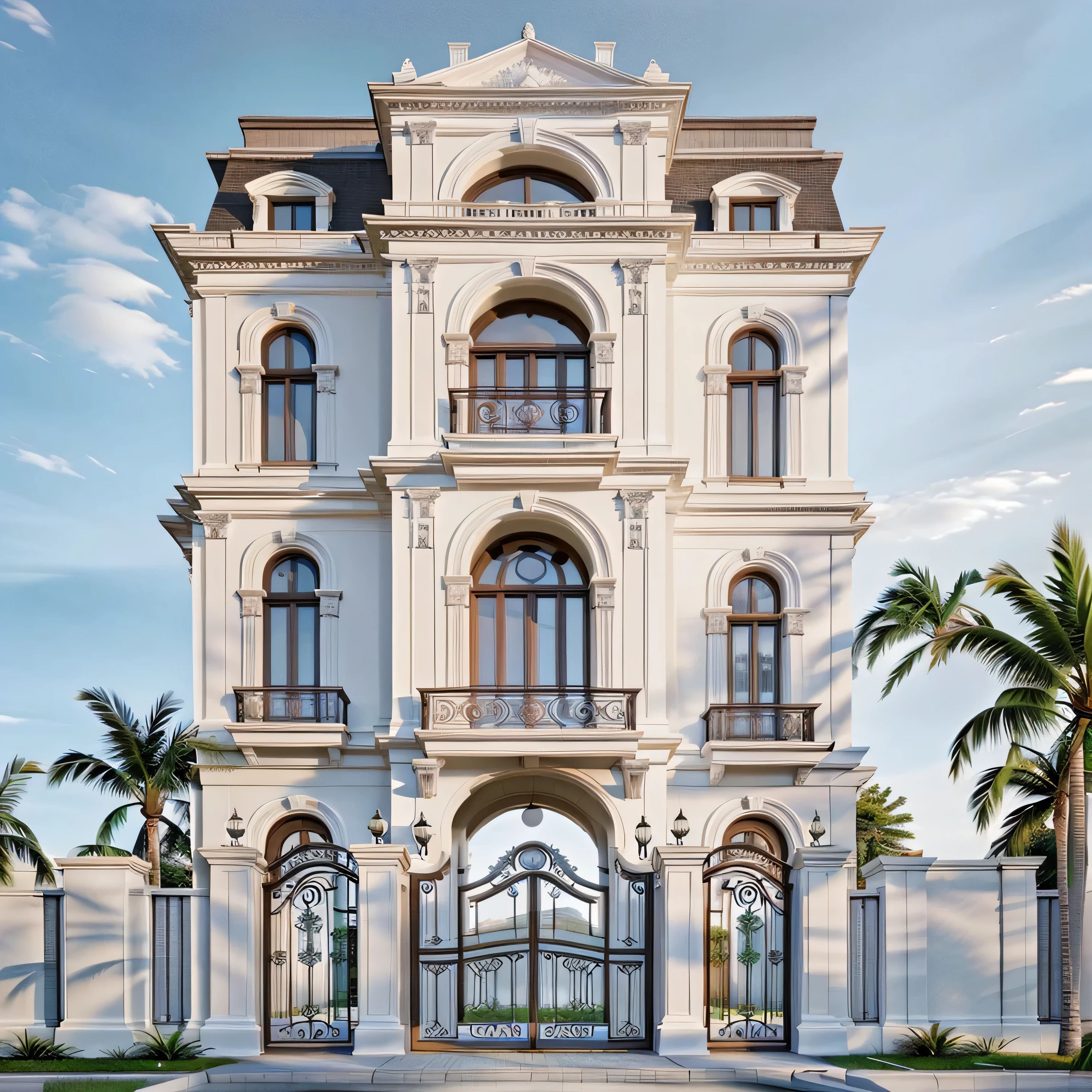 Architectural masterpiece, best quality, 16k image, classic architecture, white painted walls, car parked in front yard, arched door, artistic iron railing, arched door, wall lamp, best quality, detail most detailed, trees tropical,3d max rendering