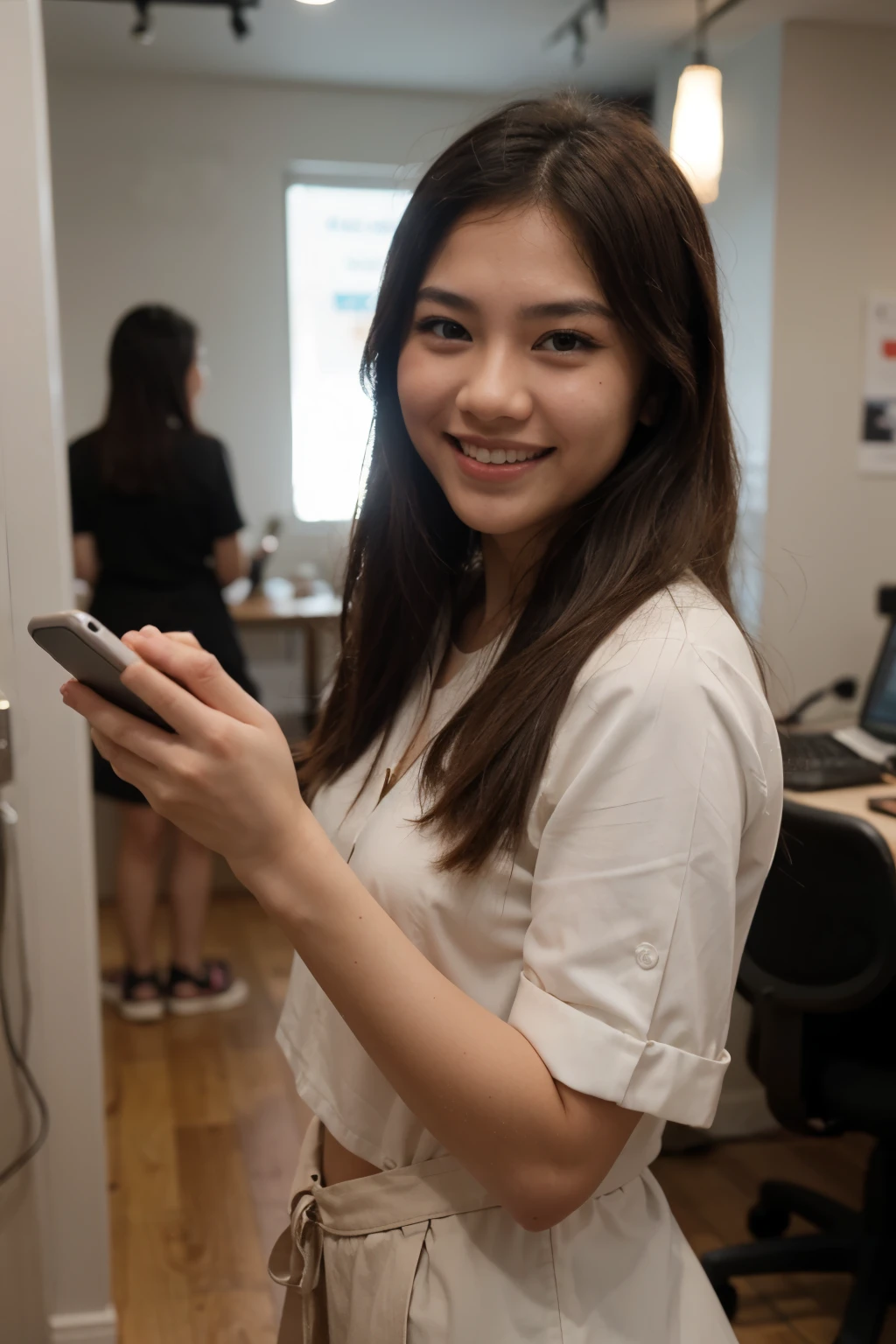 best quality, studio background, Thai girl looking at phone screen, very exciting, detail art, big smile