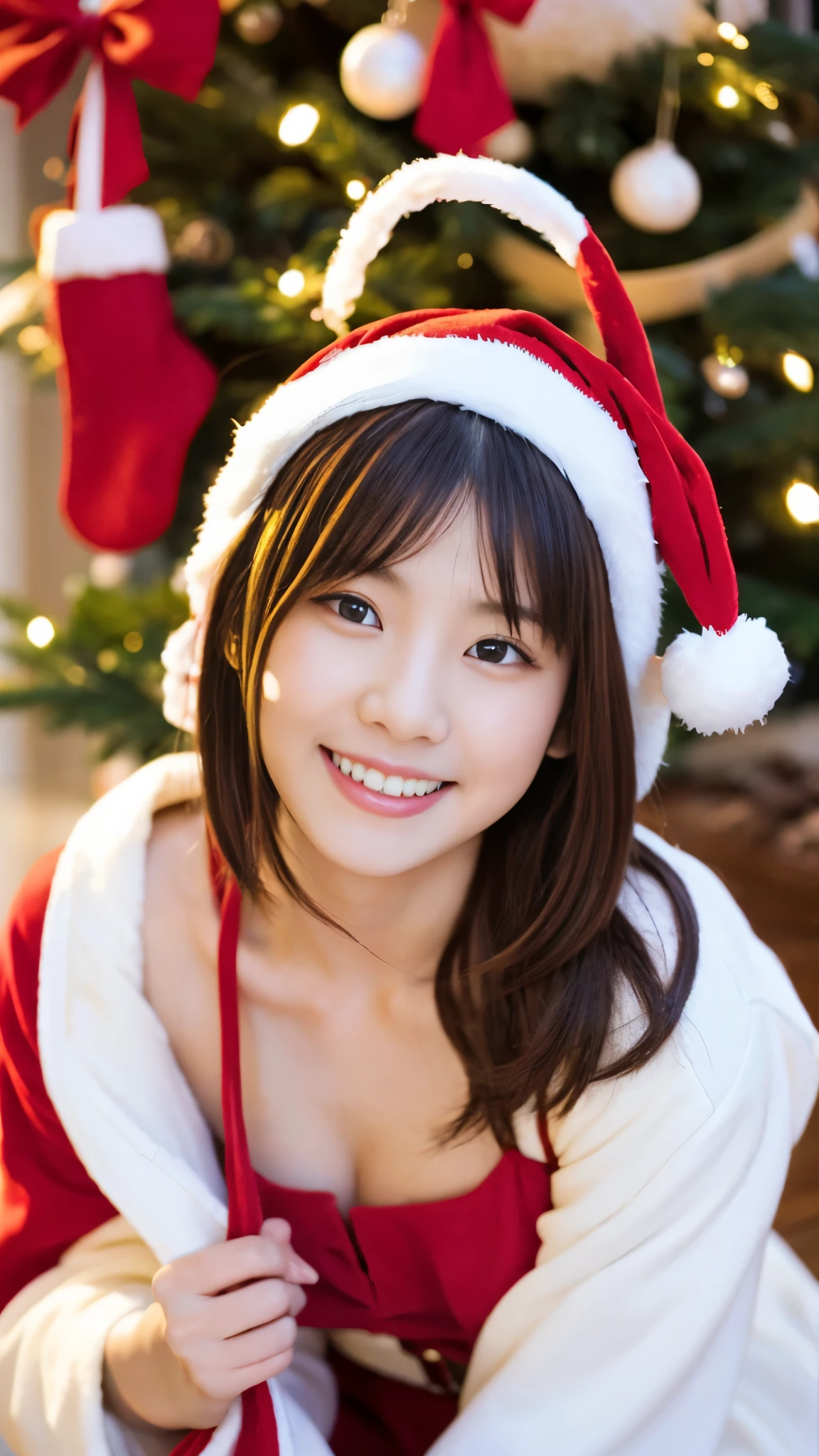 masterpiece,1 girl, Enako，chestnut hair, whiteい手袋, have, santa_costume, Christmas, , smile, bell, alone, 赤いsantaクロースcostume，pantyhose, white_background, pink_eye, santa_have, Enako，Detailed image of the face，