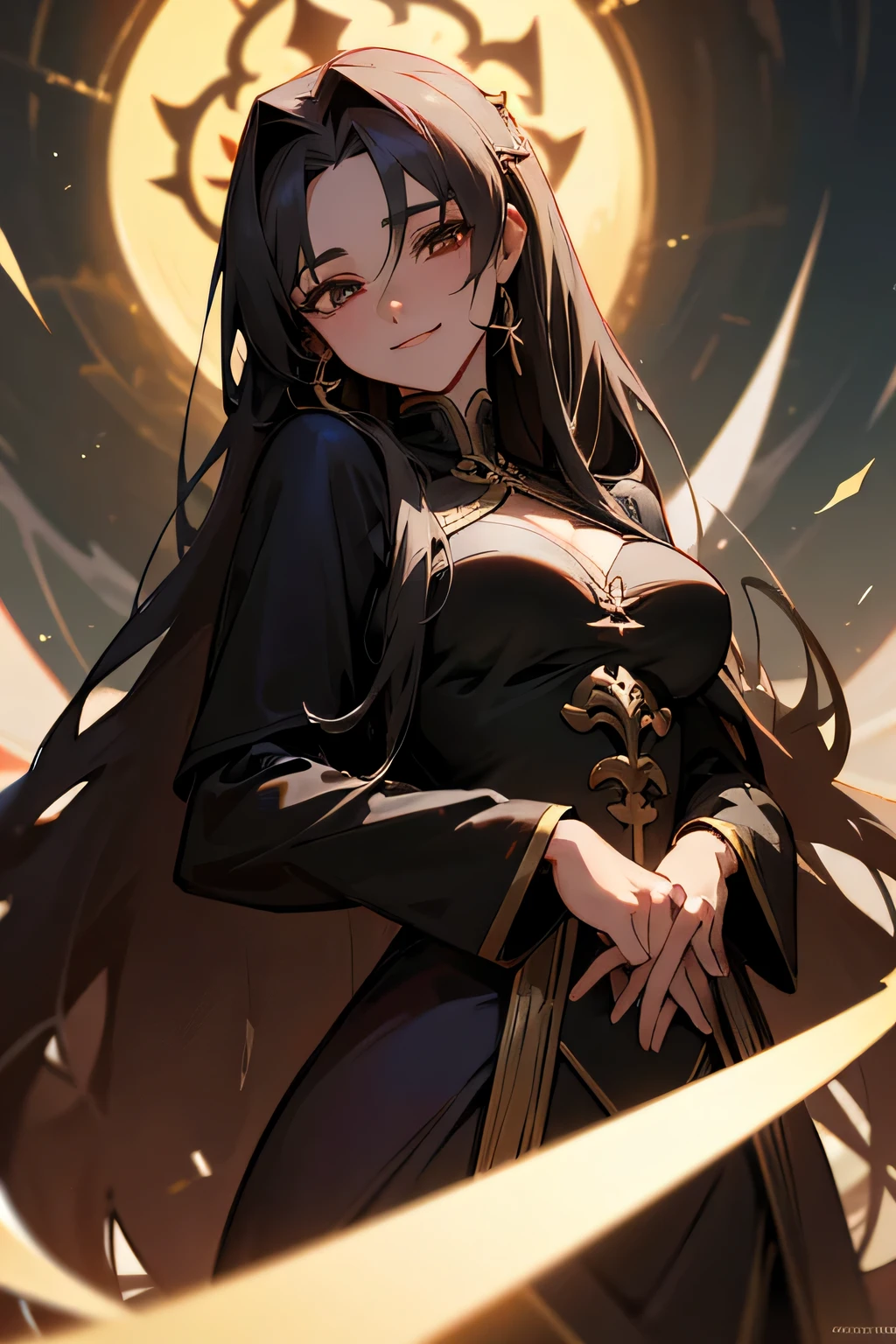 4k , ultra high definition , extremely detailed, extremely detailed background , draw a tall adult godess with dark soul powers fully clothed ,she haslong hair , smiling, there is a deep sadness in her eyes, medium breasts , extremely detailed face,[ereshkigal : 1 ]
