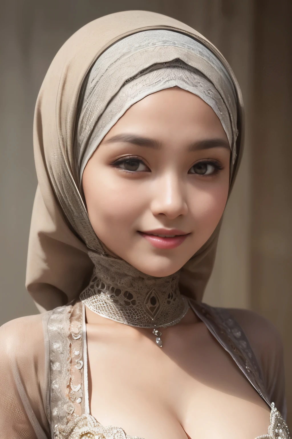 fog, smoke,space, market, lizzy, silver, cleavage, hijabi, Absurd, ultra-detailed, high quality, masterpiece, detailed face, beautiful eyes(detailed eyes), javanese, gentle and graceful, face exudes warmth and kindness, eyes described as soft and comforting, gentle and steady gaze, overall appearance is simple and modest, The fabric of her garments is usually depicted as soft and earth-toned, beauty lies not in extravagant adornments, Her smile is serene and welcoming