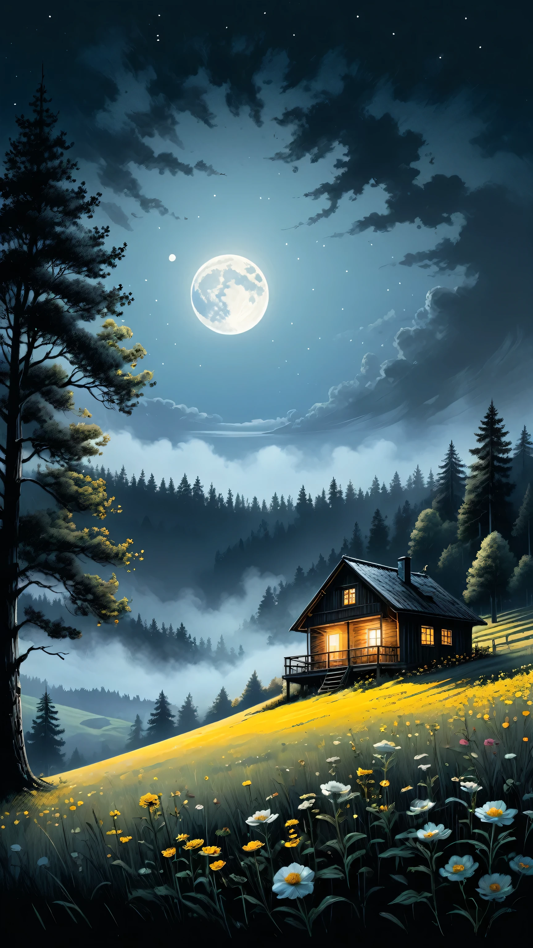 sketch, minimalistic, color ink and pencil, swedish landscape, cabin, tree, view from below with a view of the sky and the wilderness below, s flower field looking up, (full moon: 1.2)photorealistic, foggy background, magic, volumetric lighting, hard light, incredible sense of depth, 8K, by jean-sebastien rossbach,