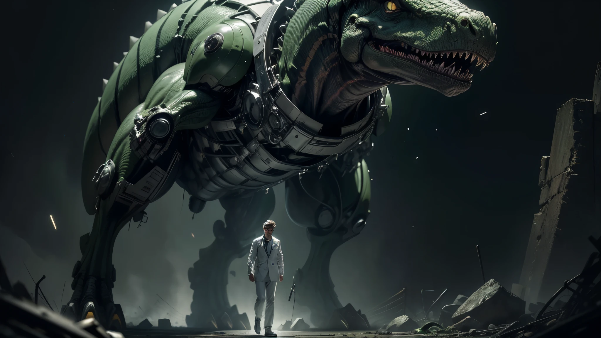 good quality, ultra high resolution,masterpiece, 8K,(reality,detail)dark night sky,A doctor wearing white uniform,Green trousers,Wore a pair of glasses,The expression is fierce,There are scars on the face,medical geek,full body effect background,A small dinosaur locked in an iron cage,((from head to foot))