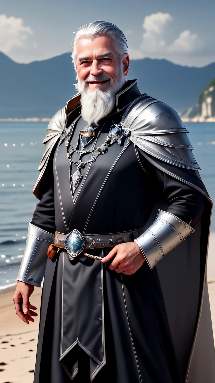 (best quality,high resolution),An old man with silver hair slicked back,short white beard,Majestic silver pauldrons,black cloak,dressed in luxurious outfit,seaside,Smiling,easy