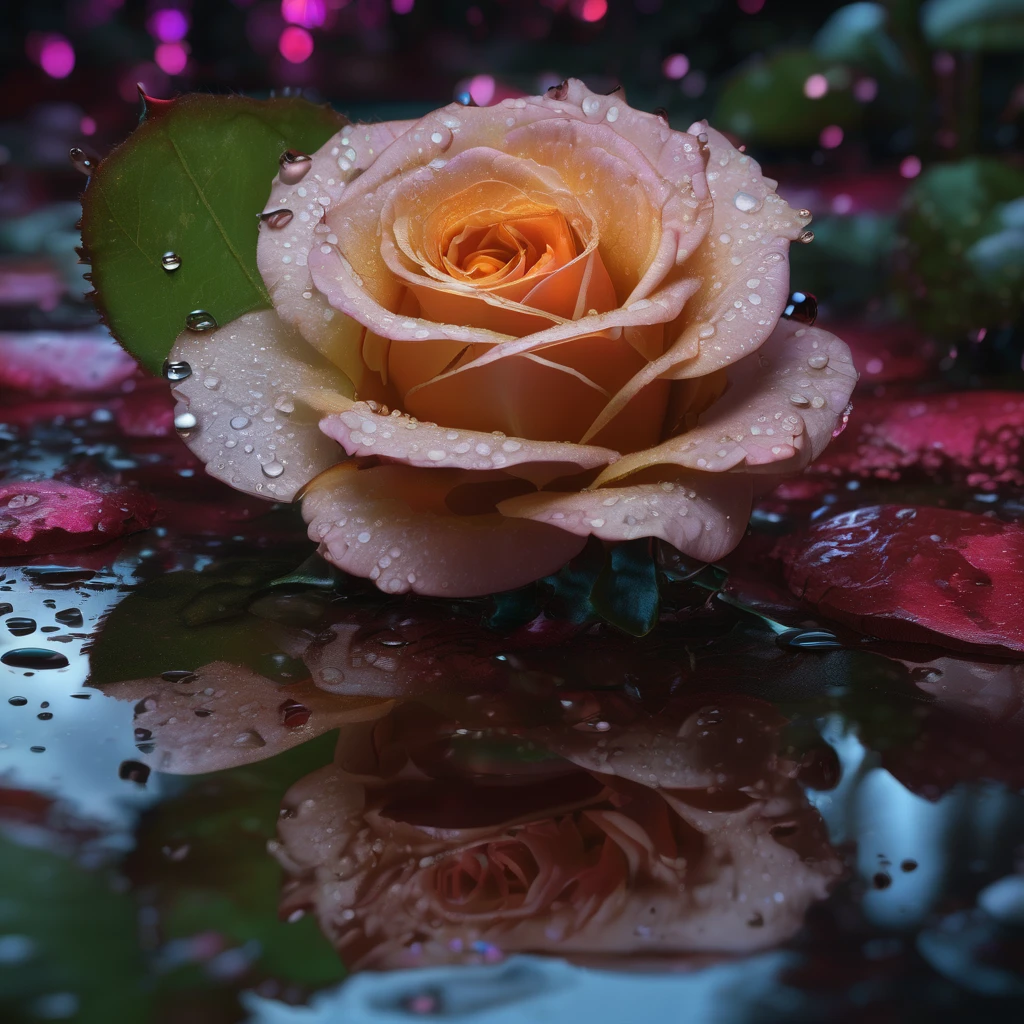 Reflection, aesthetic, extremely detailed, A rose reflecting in a puddle, rain sparkles, a breathtaking masterpiece fantasycore artwork by Android Jones, Rembrandt lighting, Jean Baptiste monge, Alberto Seveso, Erin Hanson, Jeremy Mann. maximalist highly detailed and intricate professional photography, a_masterpiece, 8k resolution concept art, Artstation, Unreal Engine 5, cgsociety octane