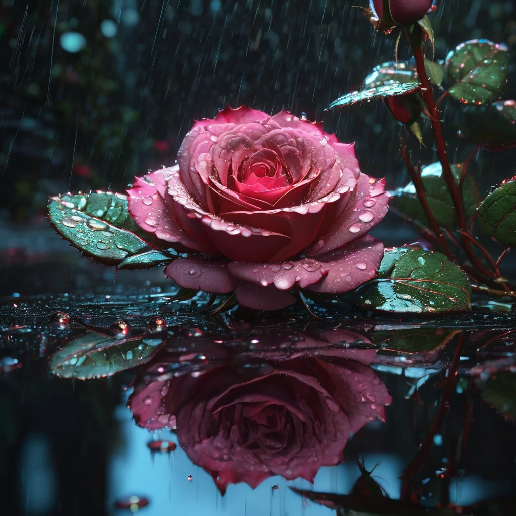 Reflection, aesthetic, extremely detailed, A rose reflecting in a puddle, rain sparkles, a breathtaking masterpiece fantasycore artwork by Android Jones, Rembrandt lighting, Jean Baptiste monge, Alberto Seveso, Erin Hanson, Jeremy Mann. maximalist highly detailed and intricate professional photography, a_masterpiece, 8k resolution concept art, Artstation, Unreal Engine 5, cgsociety octane