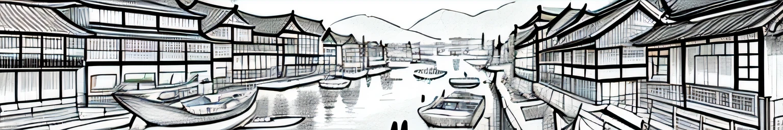 only black and white clour drawing of a river with boats and buildings in it, cg society contest winner, modern european ink painting, chinese brush pen illustration, dreamy chinese town, detailed art, highly detailed illustration, traditional korean city, highly detailed ink illustration, detailed ink illustration, detailed sumi-e illustration