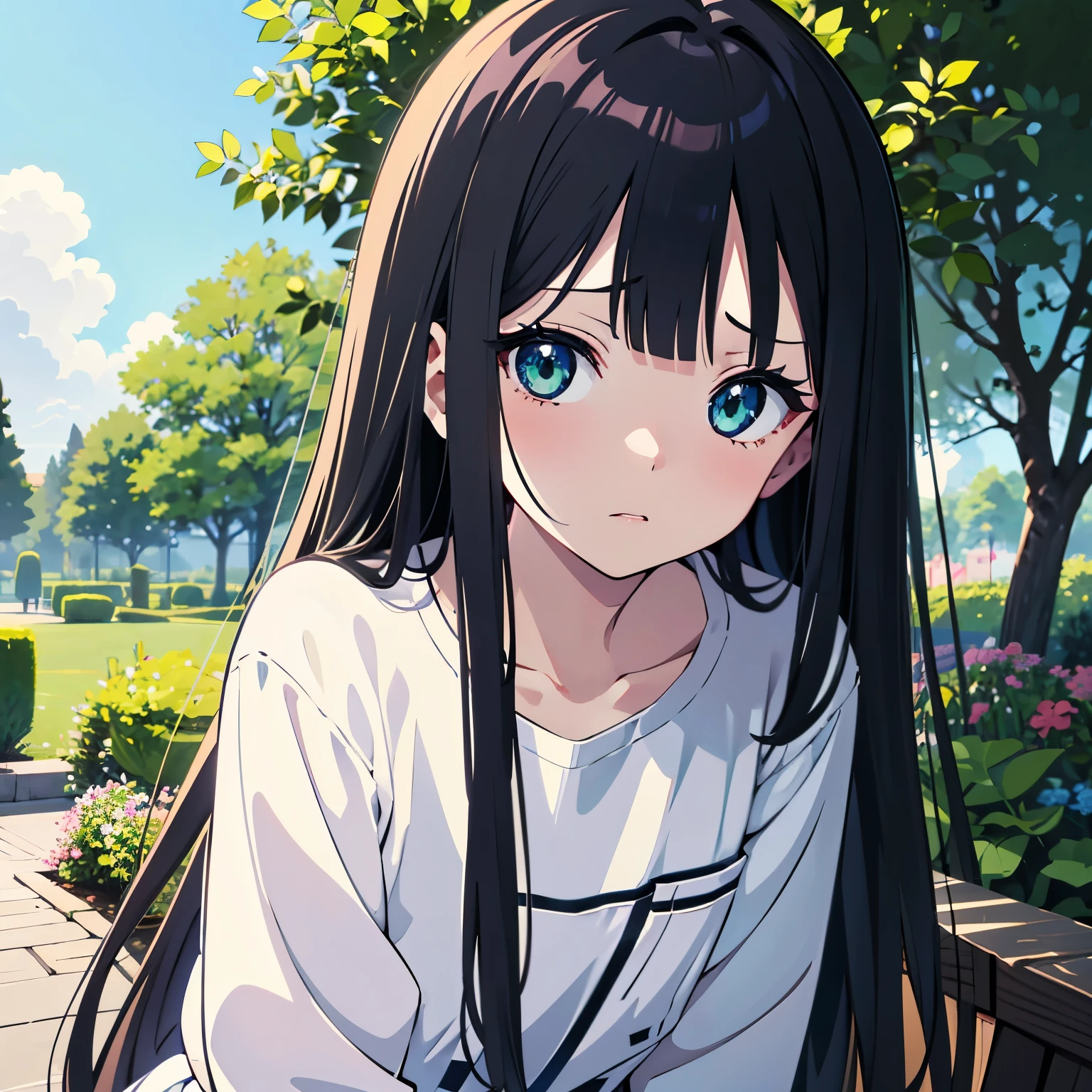 onry one girl, , best quality, ultra-detailed, , long hair, black hair, shiny hair, deep green-eyed girl anime, sleepy eyes, (bad mood,) faint lips, ((Seems timid,)) flat anime-style shading, vector-shaded anime, cute natural anime face, subtle anime style, cute anime face, Botanical garden on the background.