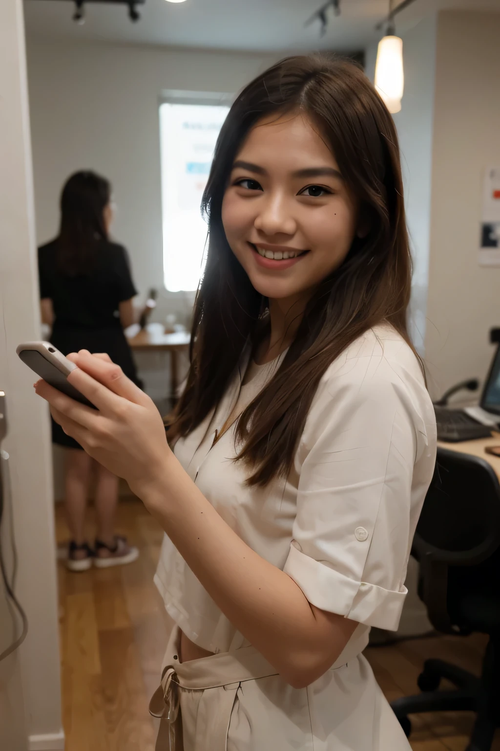 best quality, studio background, Thai girl looking at phone screen, very exciting, detail art, big smile