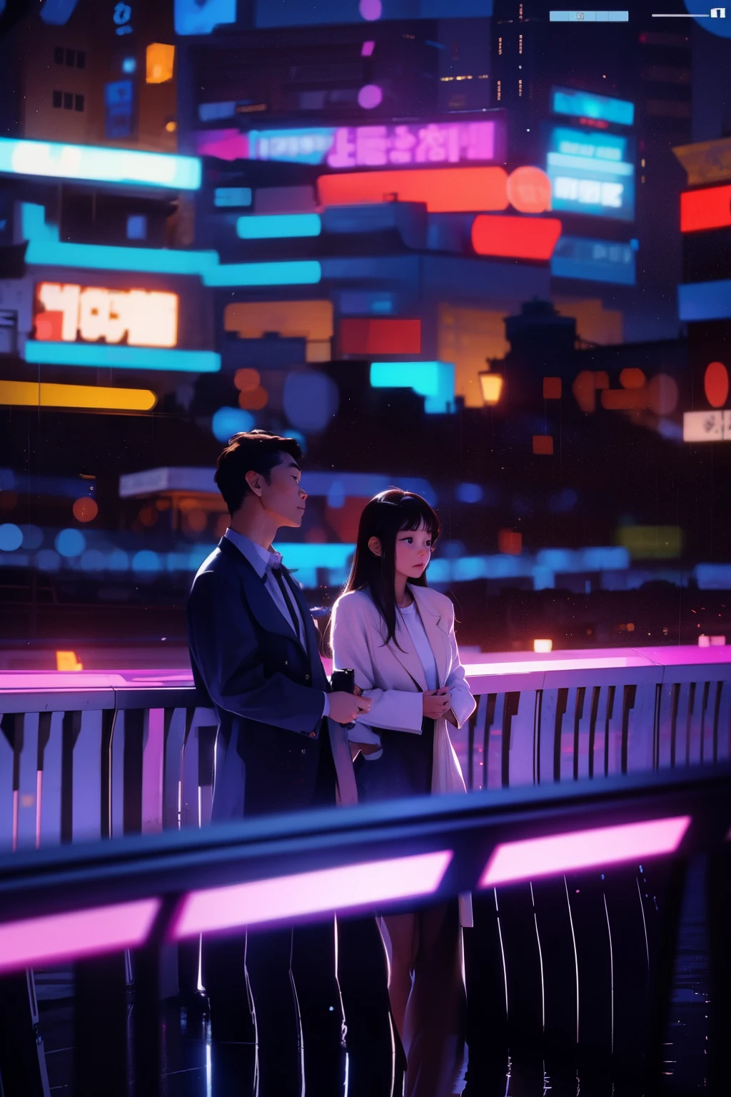 A couple of people standing on a bridge in front of a city - SeaArt AI