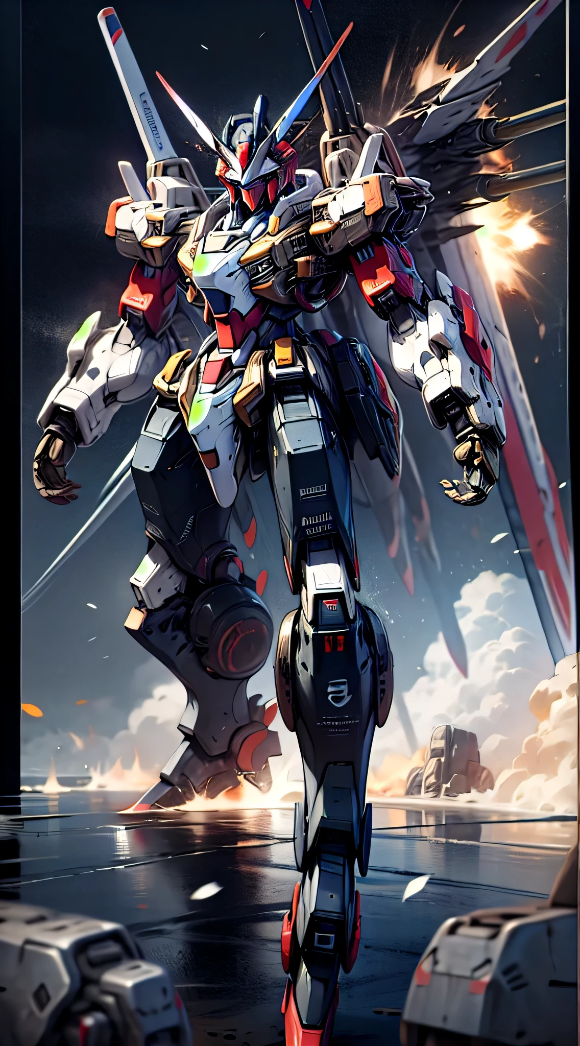 Surrealism, Ray Tracing, Photorealistic, UHD, High Detail, 32k, Best Quality, Textured Skin, Gundam Mecha, Flight, Funnel, Mecha Ship, Masterpiece, Best Quality, Mecha, Unmanned, (Full Body), (Black Mecha: 1.8), (Axisymmetric: 1.4), (HDR), (Movie Light: 1.1), White Eyes, Cool, Science Fiction, Fire, Universe, oversized shield, mecha man overlooking the background of the earth, with laser cannon beams, wars, conflicts, weapons in hand (has a huge weapon: 1.5),