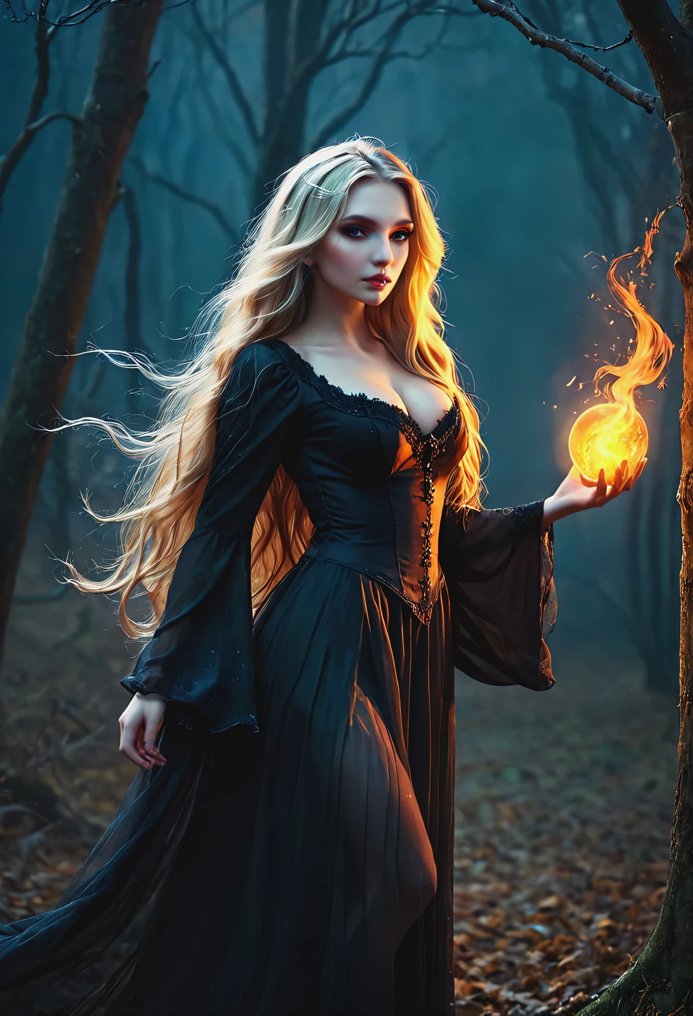 Blonde with long hair, witch, in Dark Fantasy, full height