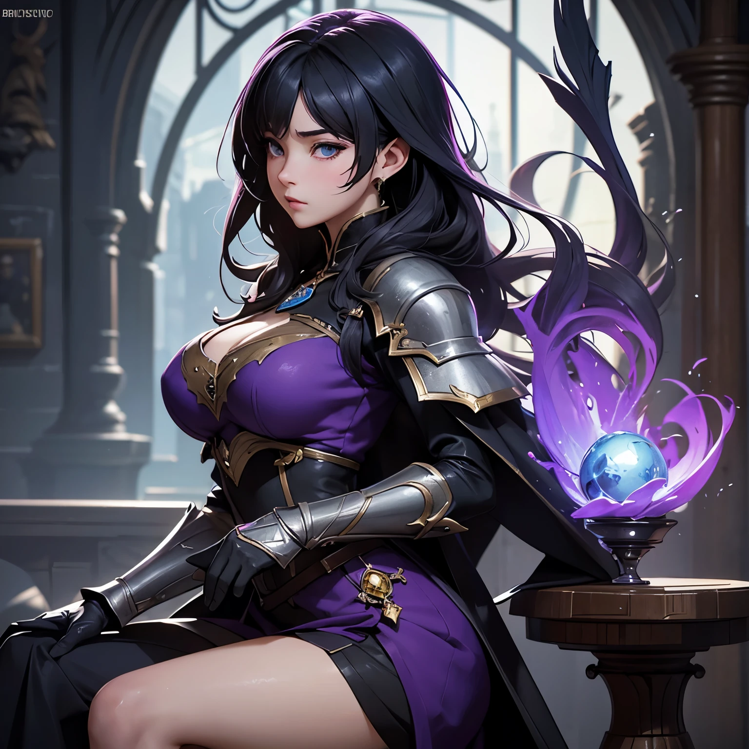 a close up of a person sitting on a chair with a purple dress, guweiz, cushart krenz key art feminine, artwork in the style of guweiz, guweiz on pixiv artstation, arcane art style, ufotable art style, cushart, guweiz on artstation pixiv, style of duelyst, dark souls, huge breasts, medieval artstyle, medium aevum, character 3D game MMORPG