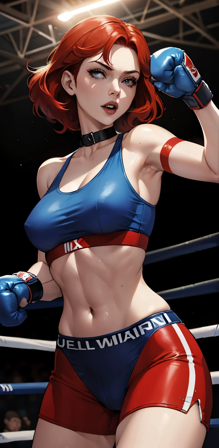 All body woman red hair, very sexy con lenceria de encaje blue, con guantes de boxeo en una pose de pelea, esenario un ring de combate