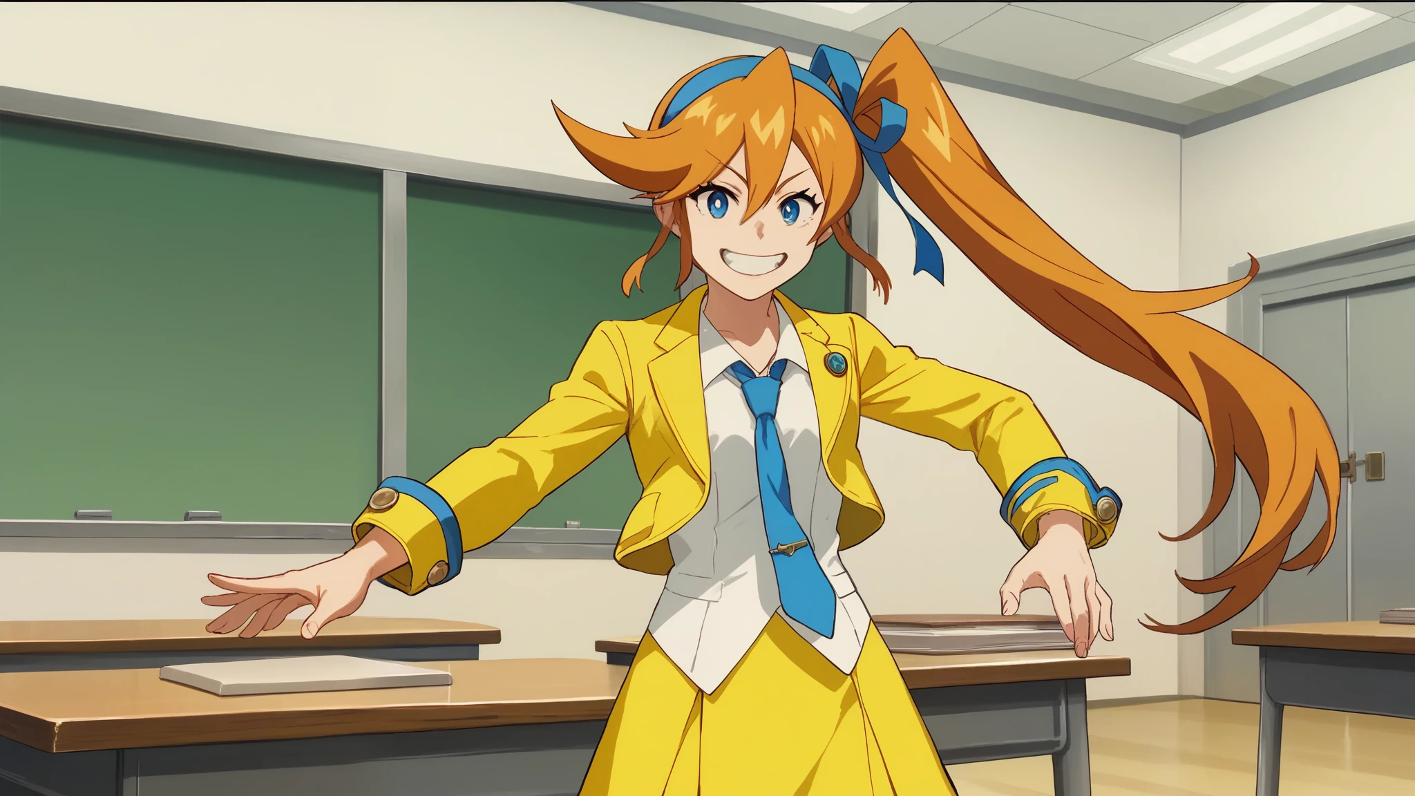 score_9, score_8, score_7, source_anime,
anime, official art,
rating_general,
aacykes, hair ribbon, side ponytail,
necktie, yellow jacket, yellow skirt,
1girl, solo, podium, grin, podium, judge, courtroom