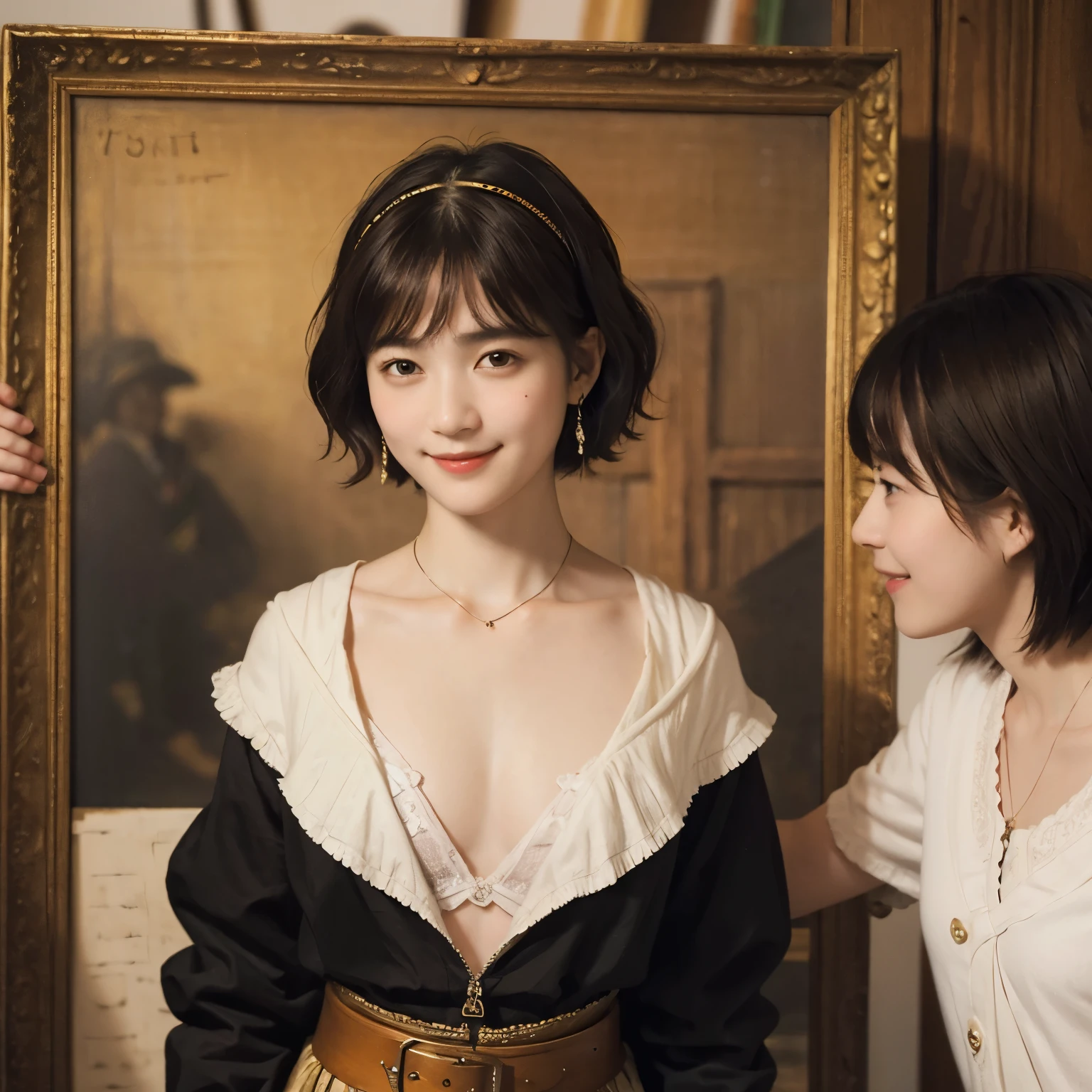185 short hair, 20 year old female, gentle smile, (rembrandt style painting), (chest:1.46), skirt