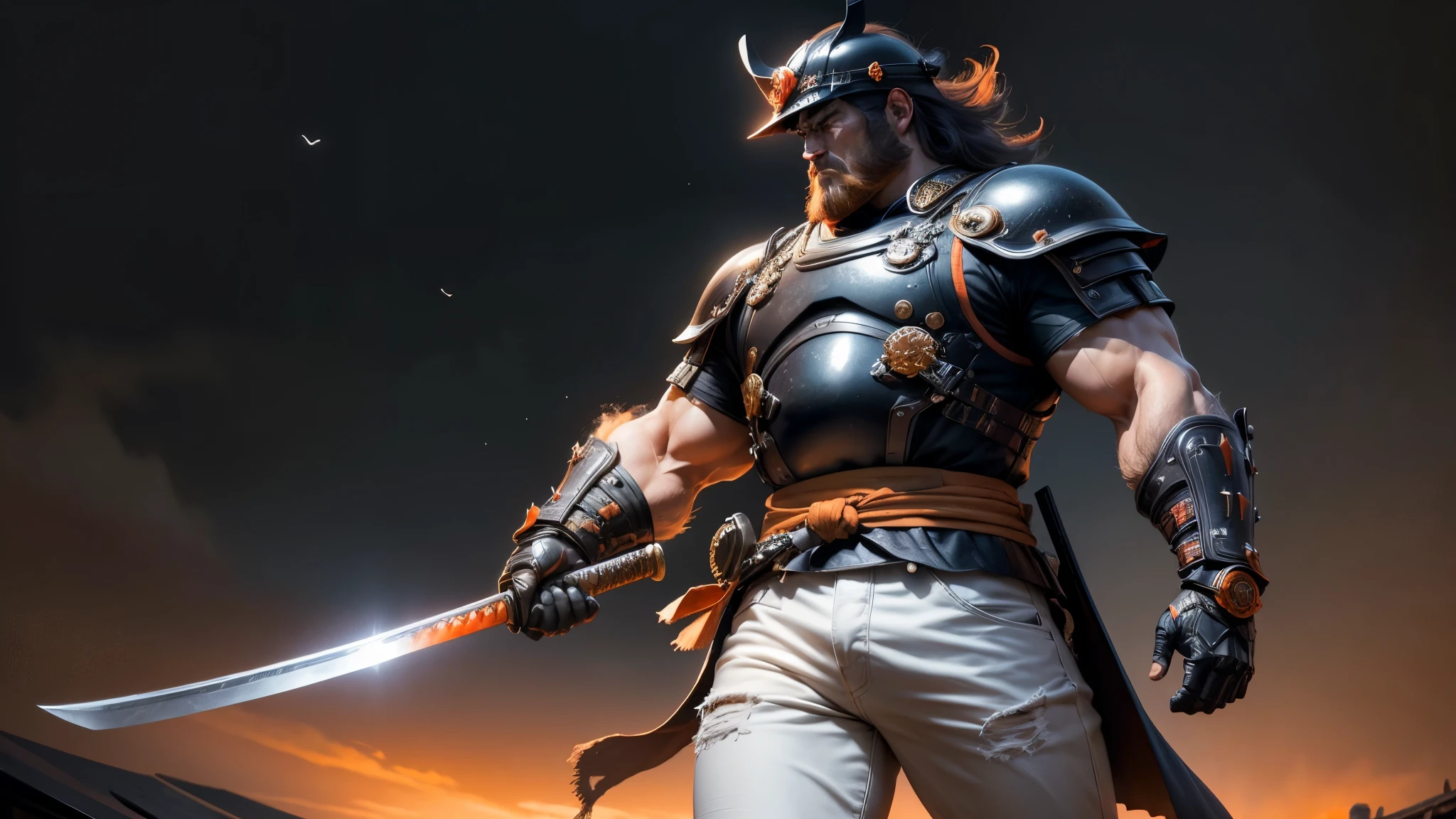 good quality, ultra high resolution,masterpiece, 8K,(reality,detail)dark night sky,One wearing orange short sleeves,Wearing Japanese samurai helmet,white jeans,holding katana,Treacherous expression,A tall, burly man,whole body effect,((from head to foot))