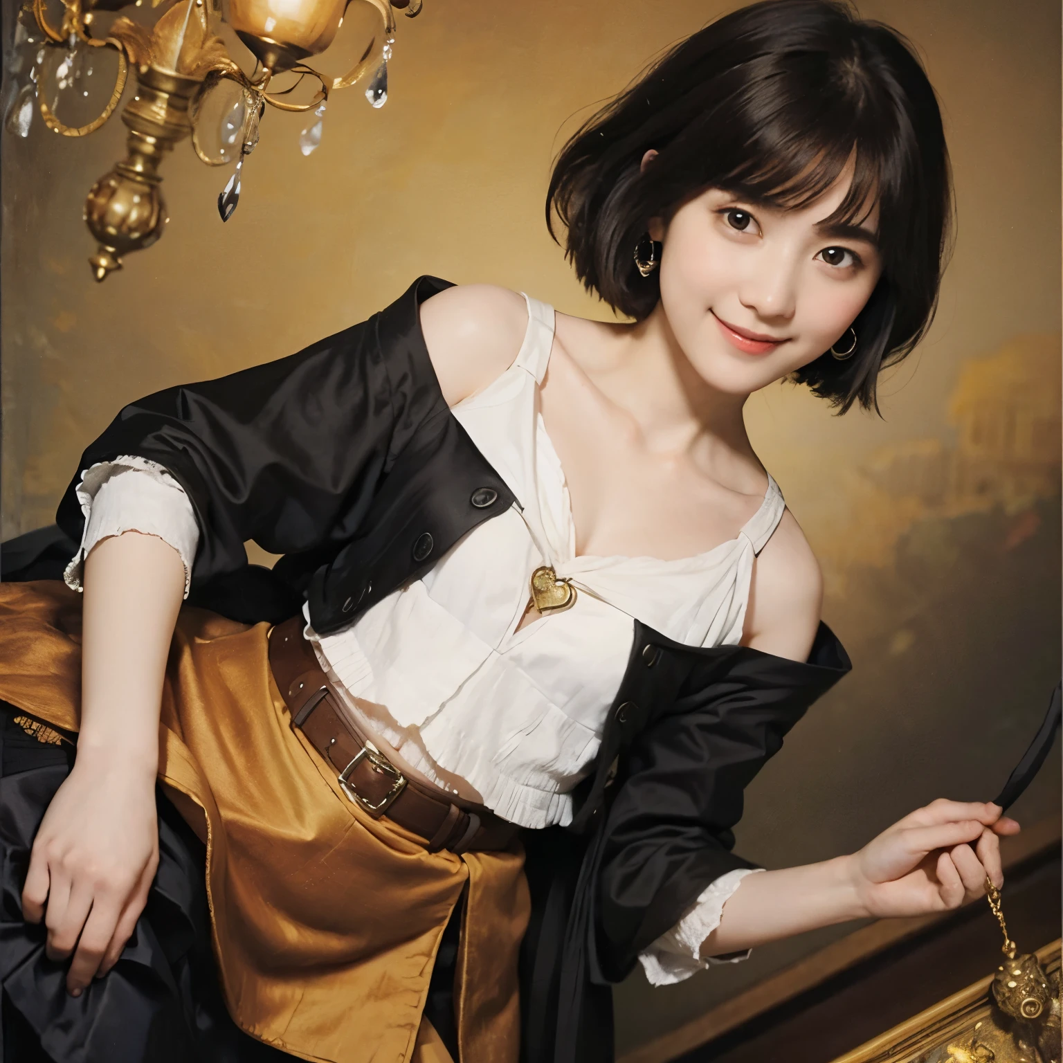185 short hair, 20 year old female, gentle smile, (rembrandt style painting), (chest:1.46), skirt

