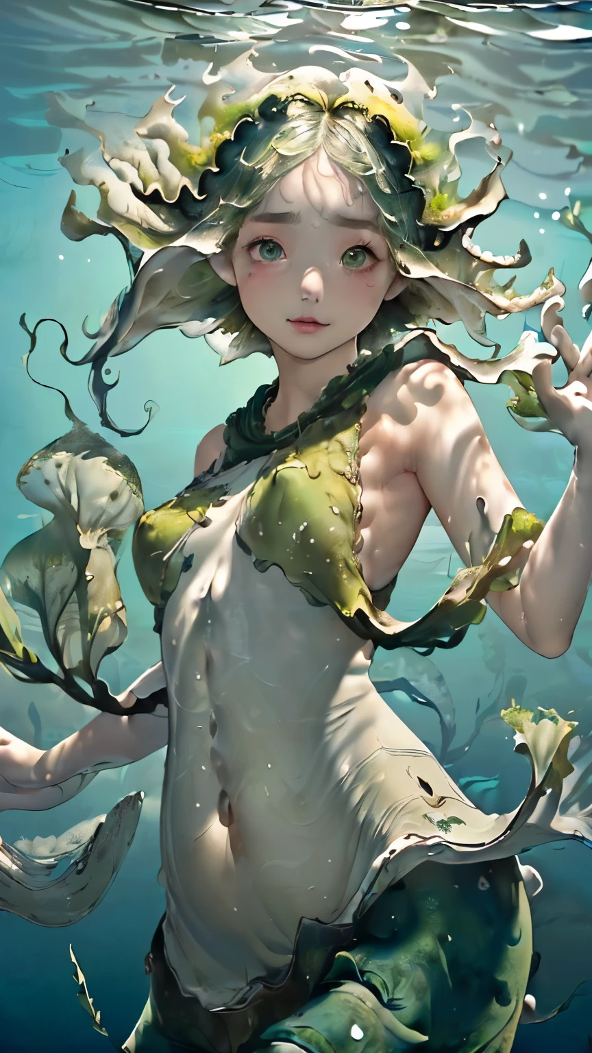 (((Masterpiece))),((top quality)),one beautiful girl,Pale, (Anthropomorphic seaweed character: 1.5), (seaweed hair:1.5)、(Calm expression 1.5)、(belly button)、((seaweed clothes:1.5)),(plain clothes), (skin revealing),(The background is underwater:1.5).(((from the front:1.5)))、(straight front: 1.5)、(floating on the ocean floor:1.5)、smile