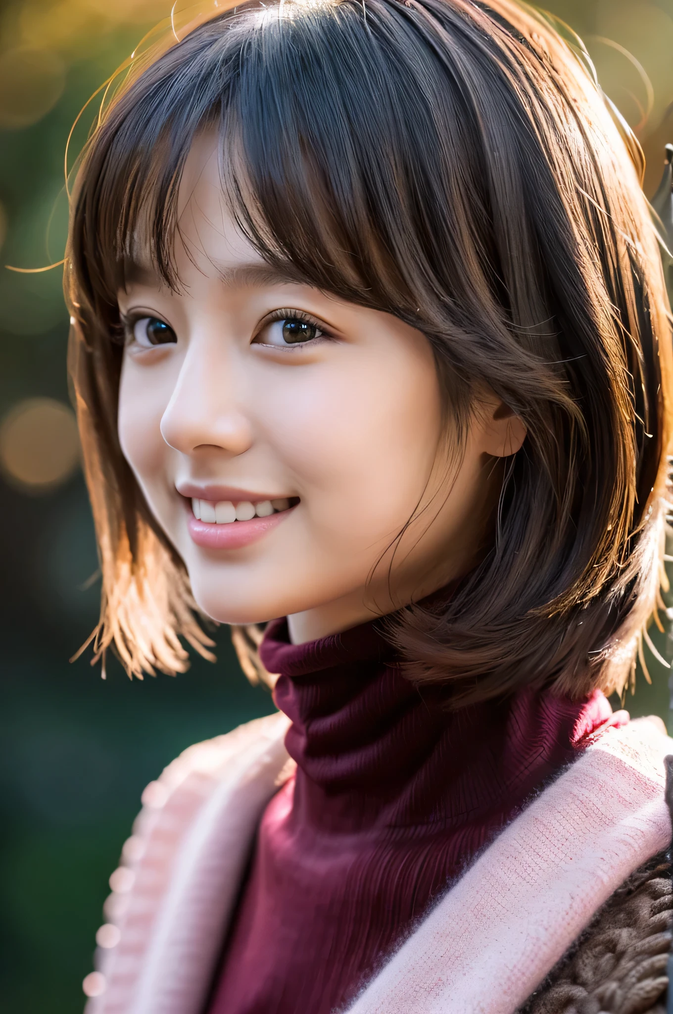 1 girl, (red turtleneck, wearing a pink coat:1.2), (Raw photo, highest quality), (realistic, Photoreal:1.4), table top, very delicate and beautiful, very detailed, 2k wallpaper, wonderful, finely, very detailed CG Unity 8K 壁紙, Super detailed, High resolution, soft light, beautiful detailed girl, very detailed目と顔, beautifully detailed nose, beautiful and detailed eyes, short hair, cinematic lighting, winter scenery, perfect anatomy, slender body, Smiling INFO