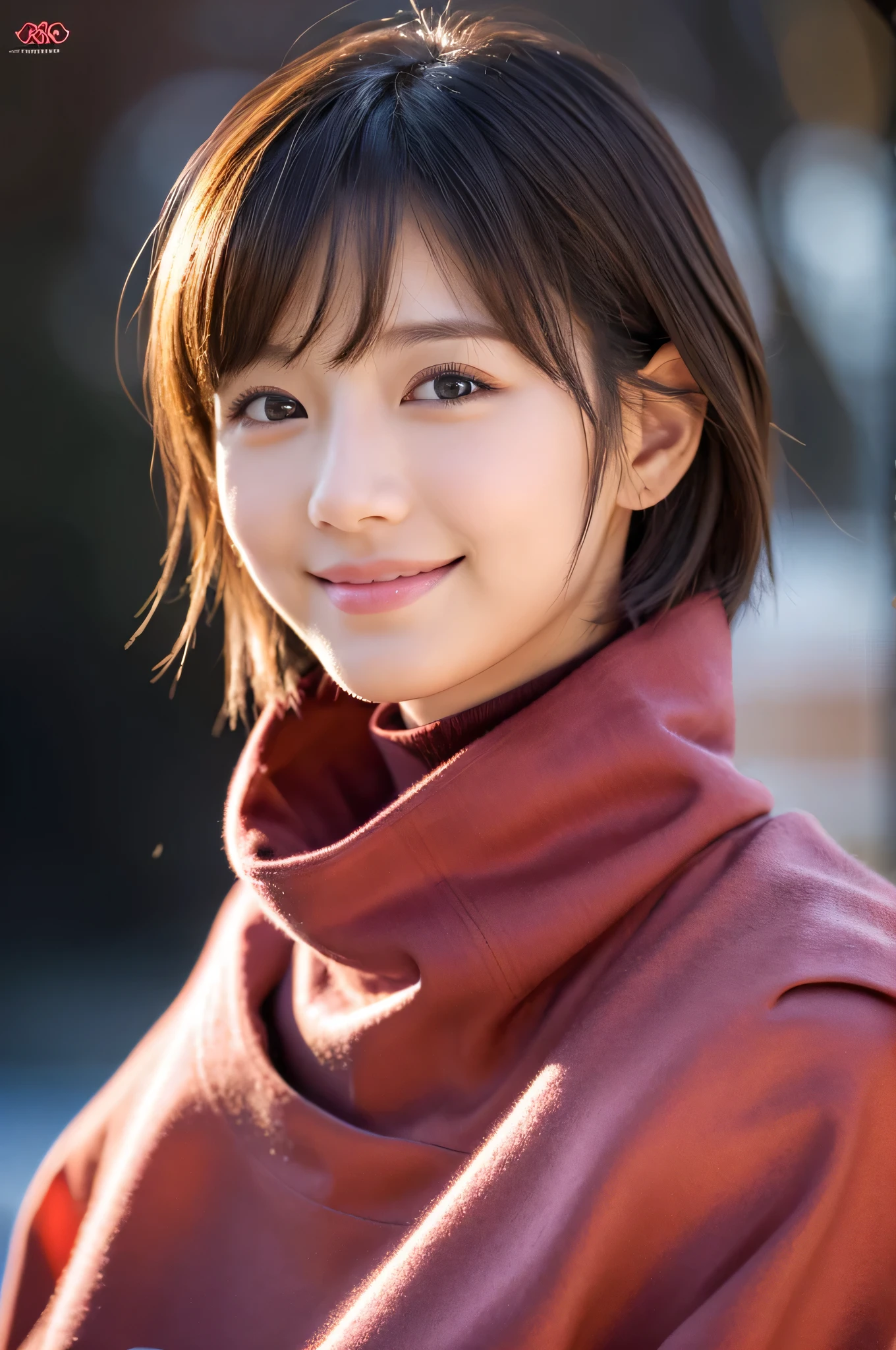 1 girl, (red turtleneck, wearing a pink coat:1.2), (Raw photo, highest quality), (realistic, Photoreal:1.4), table top, very delicate and beautiful, very detailed, 2k wallpaper, wonderful, finely, very detailed CG Unity 8K 壁紙, Super detailed, High resolution, soft light, beautiful detailed girl, very detailed目と顔, beautifully detailed nose, beautiful and detailed eyes, short hair, cinematic lighting, winter scenery, perfect anatomy, slender body, Smiling INFO