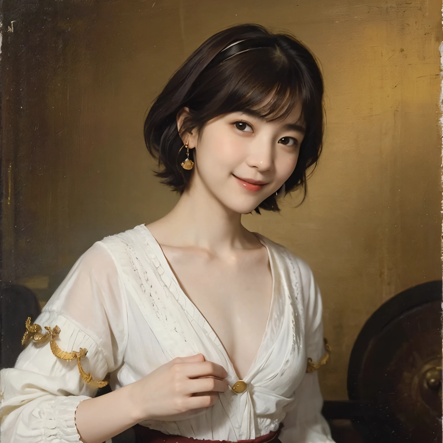 185 short hair, 20 year old female, gentle smile, (rembrandt style painting), (chest:1.46), skirt