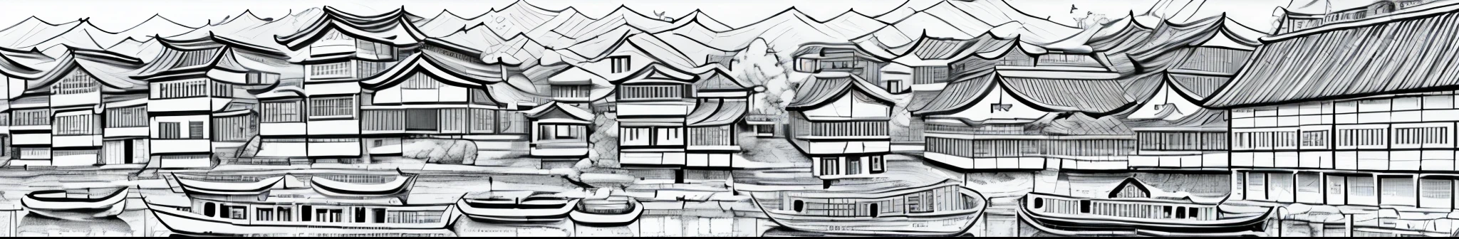 only black and white clour drawing of a river with boats and buildings in it, cg society contest winner, modern european ink painting, chinese brush pen illustration, dreamy chinese town, detailed art, highly detailed illustration, traditional korean city, highly detailed ink illustration, detailed ink illustration, detailed sumi-e illustration