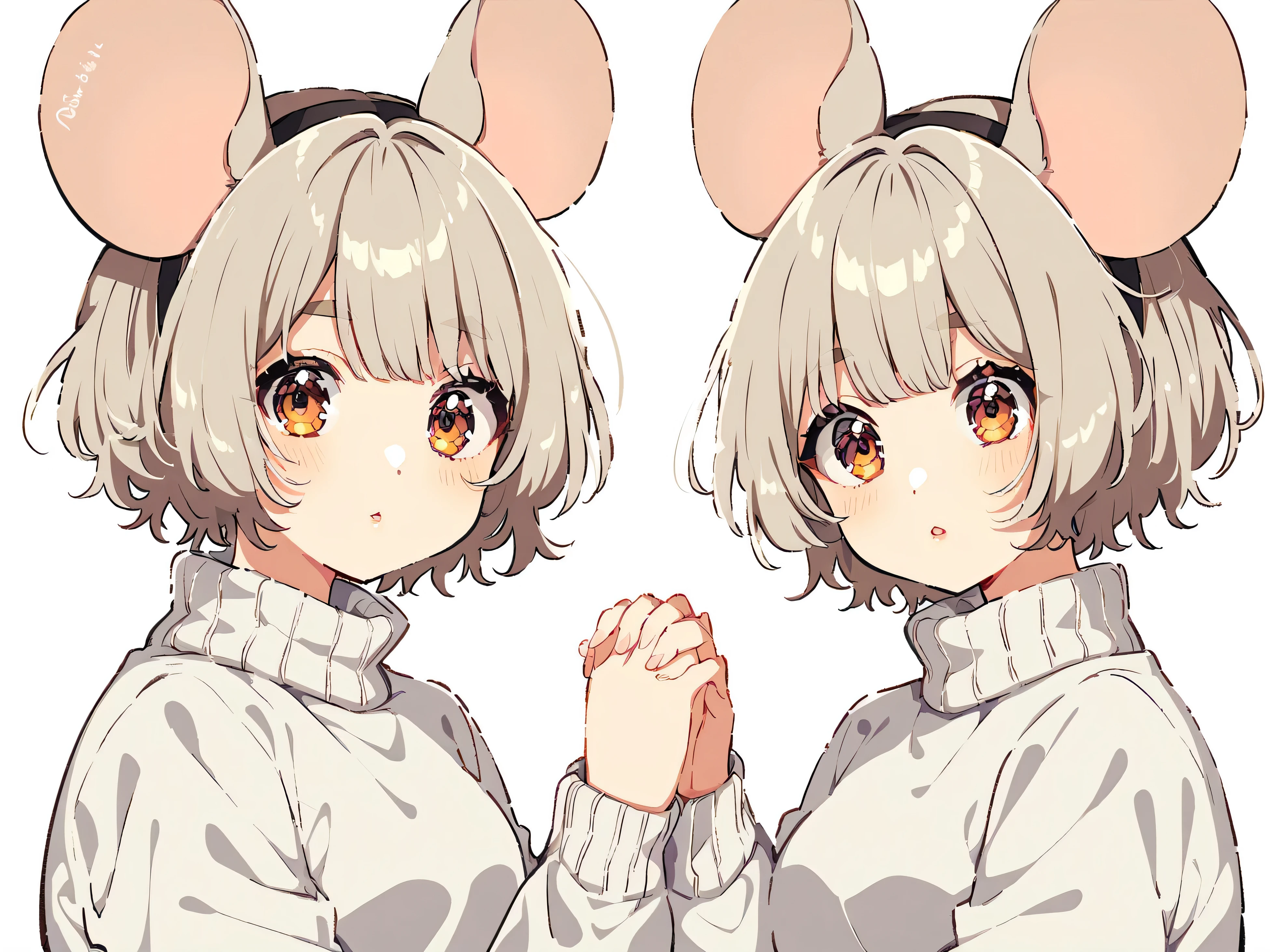 twins, Mouse girl, fluffy short gray hair, big round mouse ears, white sweater, Hand in hand, ((dark brown eyes)), couple, beautiful, glossy lips, fine eyes