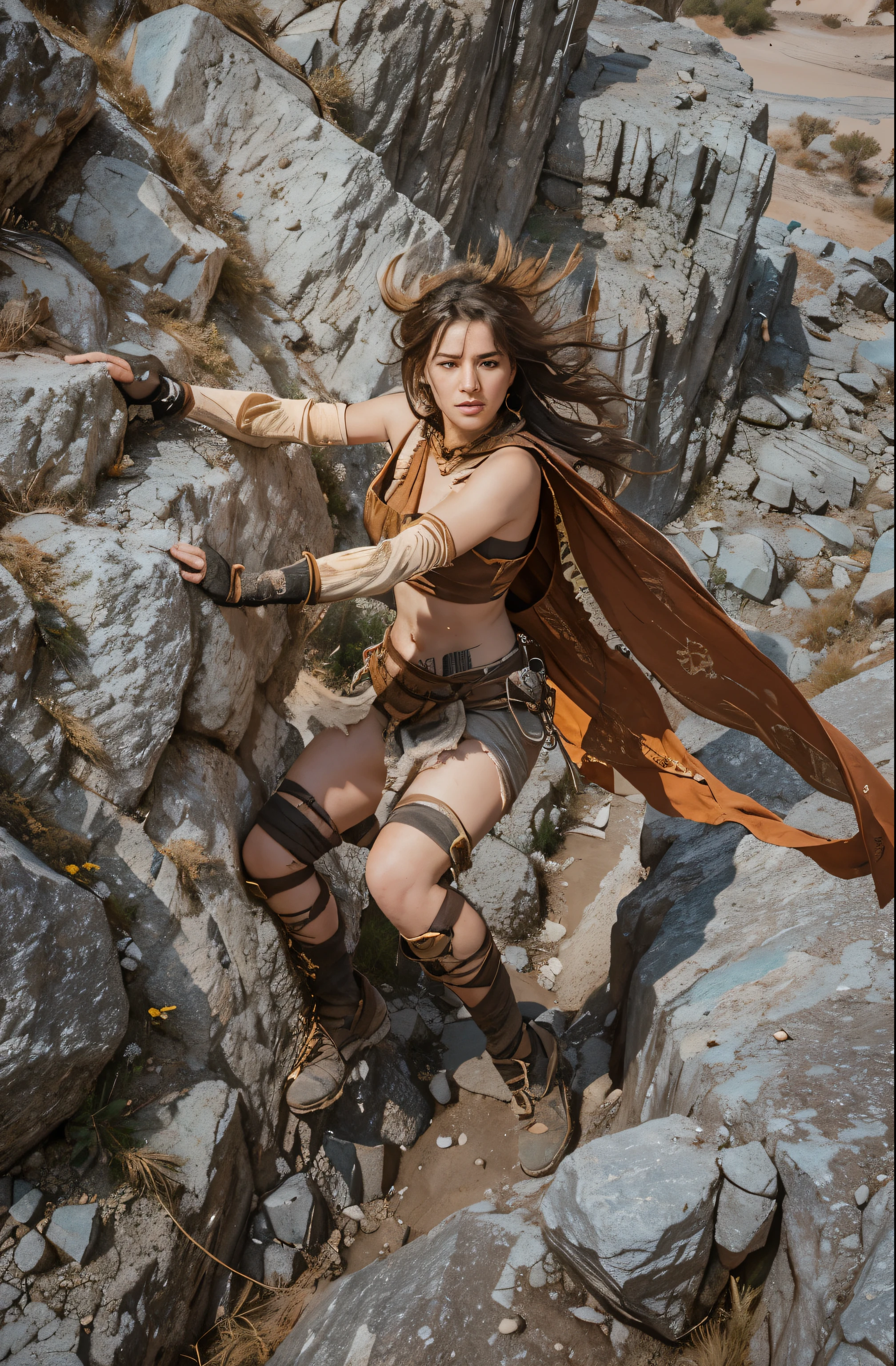 (Best quality, 8k, 32k, Masterpiece, UHD:1.2), "Transform the image into a desert landscape reminiscent of Sumeru from Genshin Impact, characterized by vast sands, towering dunes, and ancient ruins half-buried beneath the shifting sands. Place a character in the center of the scene, depicted climbing a steep mountain rising from the desert floor.

The character should be portrayed with determined expressions and agile movements as they navigate the rugged terrain. Consider adding details such as climbing gear or worn attire to emphasize the character's journey through the harsh desert environment.

Utilize dynamic lighting to capture the warm, golden hues of the desert sun casting long shadows across the landscape. Highlight the intricate details of the ruins and rocky terrain with subtle variations in light and shadow, adding depth and texture to the scene.

Enhance the atmosphere with swirling dust clouds and distant mirages, evoking the sense of isolation and adventure inherent to the desert landscape. These elements will contribute to the overall immersive quality of the artwork, transporting viewers to the sands of Sumeru." Character is up high and climbing on a mountain!