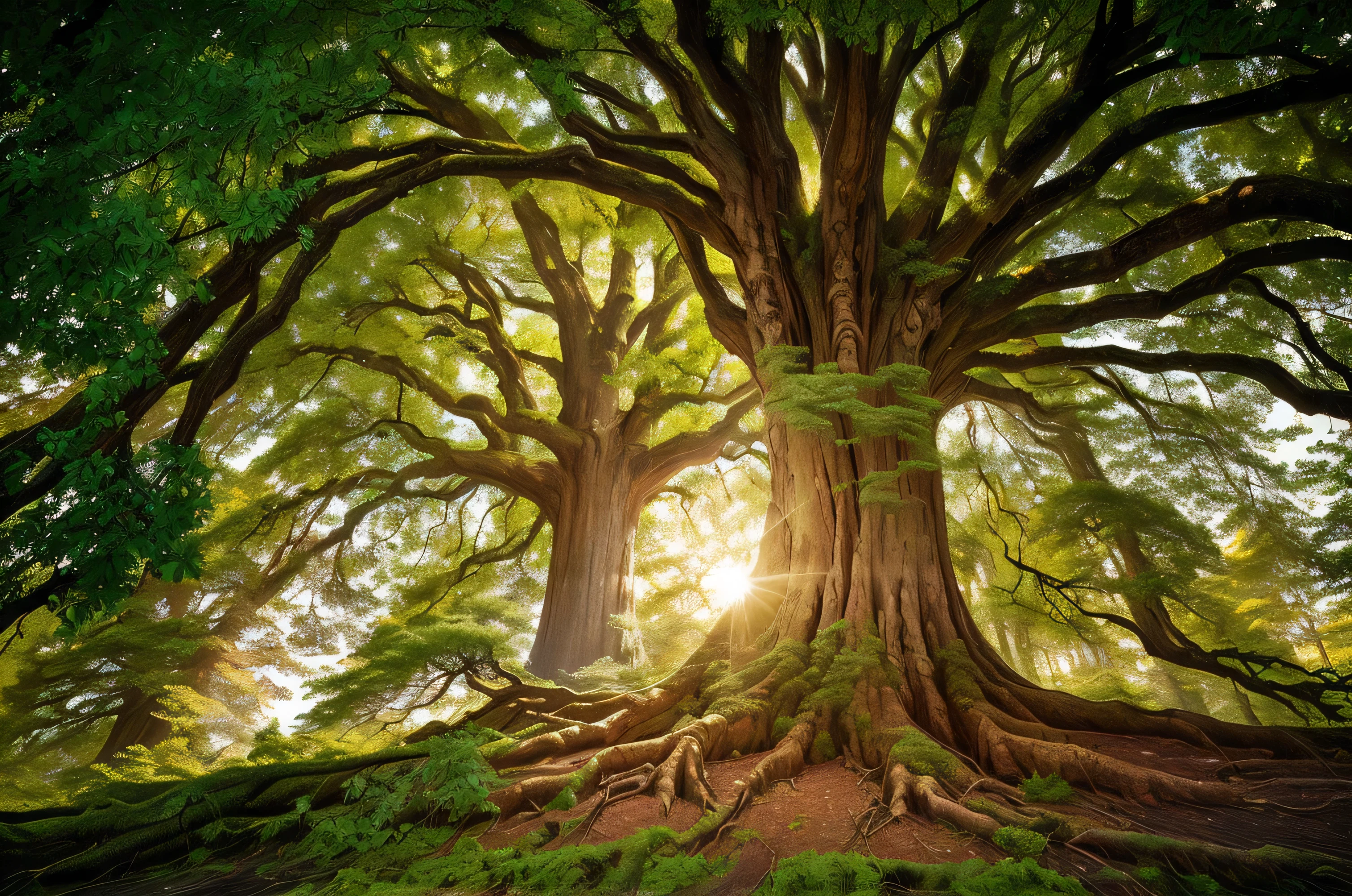 arafed tree with sun shining through the leaves in a forest, large magical trees, big oak trees, nature trees, beautiful ancient trees, old trees, enormous trees, large trees, ancient oak forest, massive trees with warm windows, beautiful ancient forest, huge ancient trees, huge incredibly immense trees, beautiful trees, large tree, ancient trees