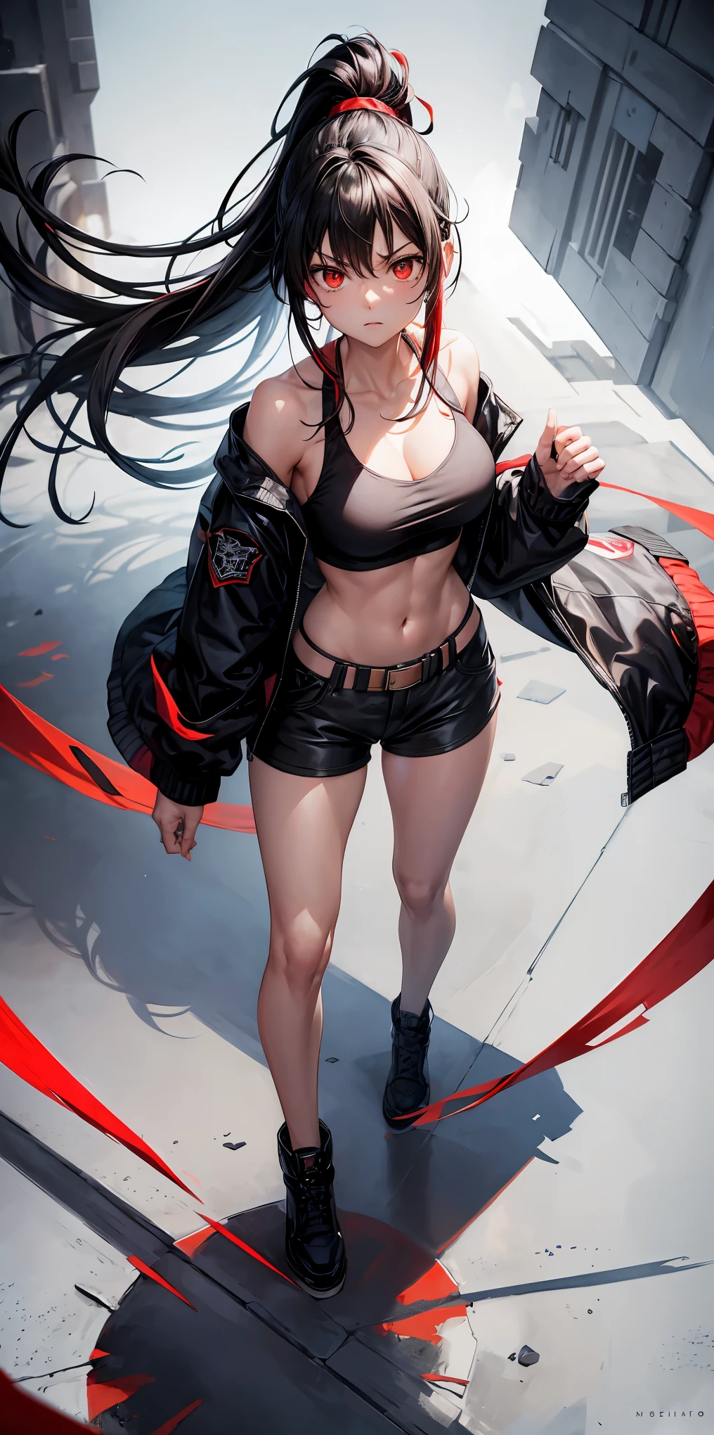 masterpiece:1.2, high quality, best quality, no background, white background, Black jacket, tank top, Glaring, Red eyes, Long hair, black hair, red colored inner hair, ponytail, hairs between eyes, straight hair, Open jacket, 1 girl, Bare shoulders, alone, Military Jacket, Crop Top, Off-the-shoulder, standing, fighting pose, shoot from above, full body,