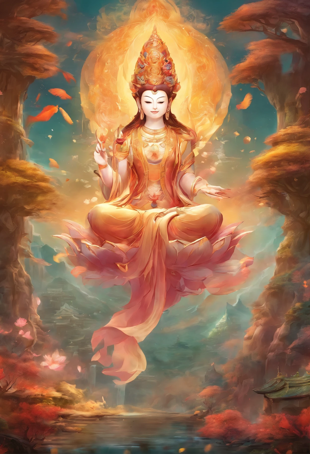 8k mythological creatures，（（The Budda），Traditional Lotus elements，（（Ancient murals）），Illustrative myths，Fuyao Legend，Dappled light，Hazy haze，mystical aura，tmasterpiece，k hd，Rich in color，Detailed details，Seven colors