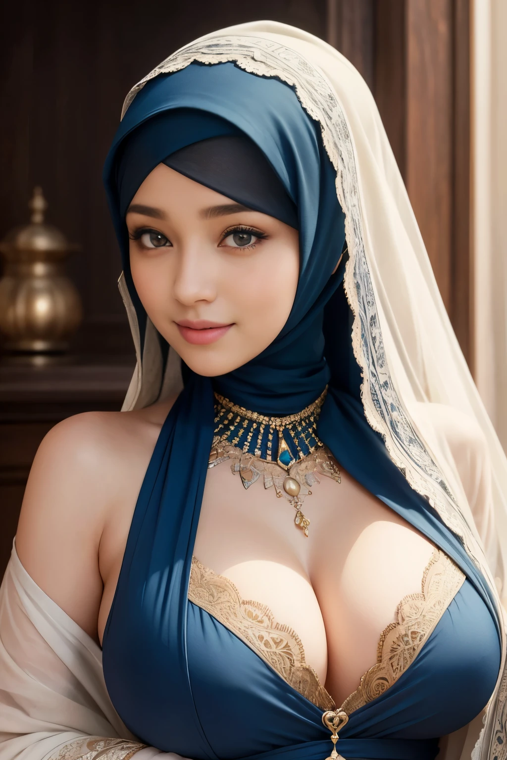 harem, cleavage, hijabi, Absurd, ultra-detailed, high quality, masterpiece, detailed face, beautiful eyes(detailed eyes), Greek mythology Goddess, Hestia, goddess of the hearth and home, gentle and graceful, face exudes warmth and kindness, eyes described as soft and comforting, gentle and steady gaze, overall appearance is simple and modest, The fabric of her garments is usually depicted as soft and earth-toned, beauty lies not in extravagant adornments, Her smile is serene and welcoming