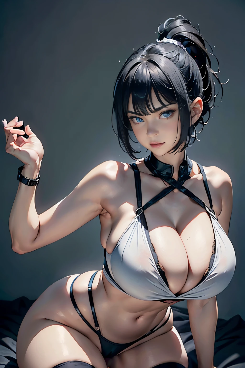 big , hot, groomed hair, short hair, bangs, gray hair, black pubic hair, trimmed pubic hair, adult, , naked, blue eyes, sexy, (big boobs:1.5), pussy, spread your legs, white headband, impact, goth, expensive, Happy, White strap, raise your arms, fit, ponytail, exposed, expose pussy