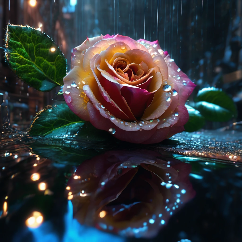 Reflection, aesthetic, extremely detailed, A rose reflecting in a puddle, rain sparkles, a breathtaking masterpiece fantasycore artwork by Android Jones, Rembrandt lighting, Jean Baptiste monge, Alberto Seveso, Erin Hanson, Jeremy Mann. maximalist highly detailed and intricate professional photography, a_masterpiece, 8k resolution concept art, Artstation, Unreal Engine 5, cgsociety octane